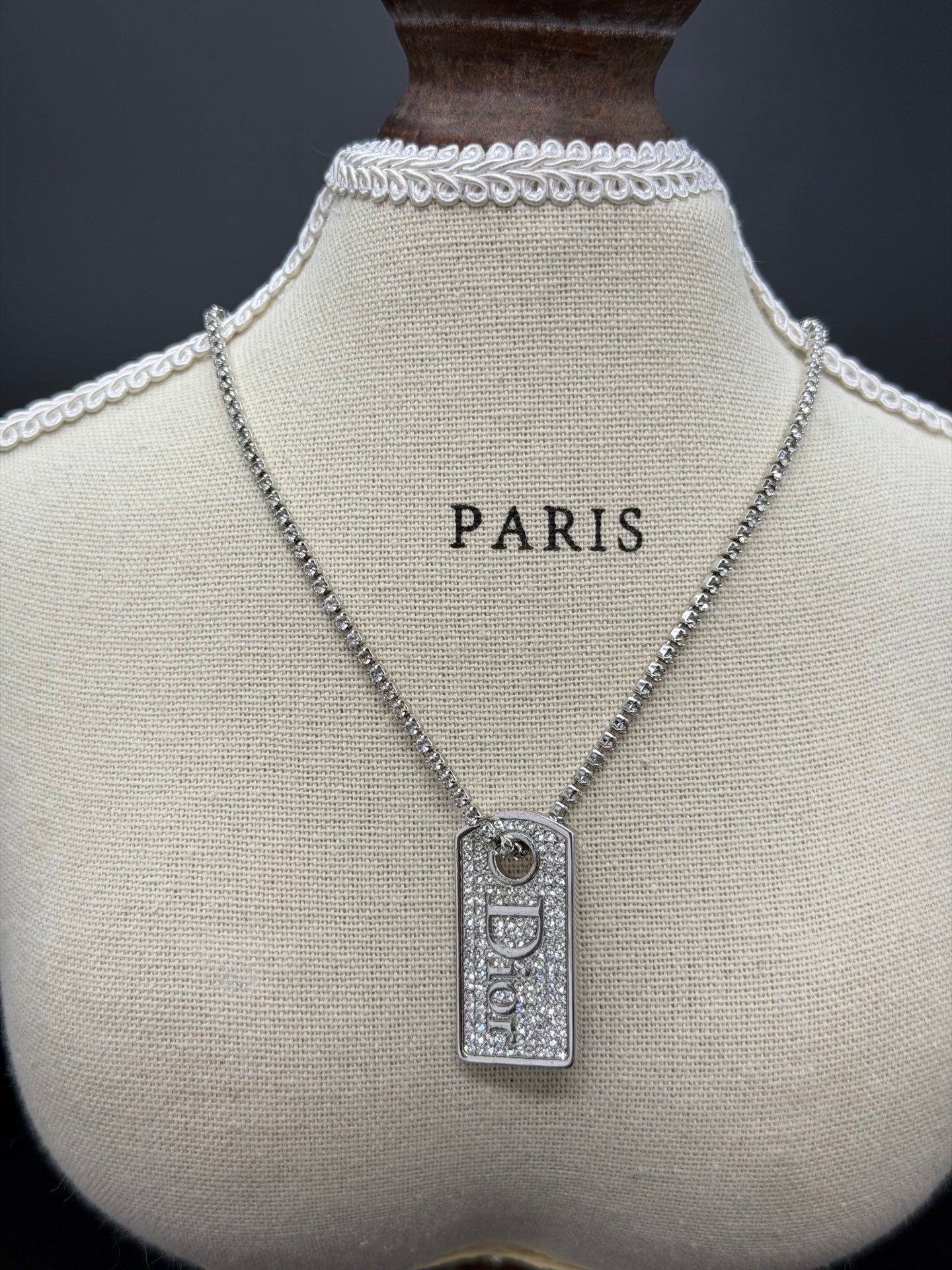 Christian Dior Vintage Rhinestone Dog Tag Pendant Necklace