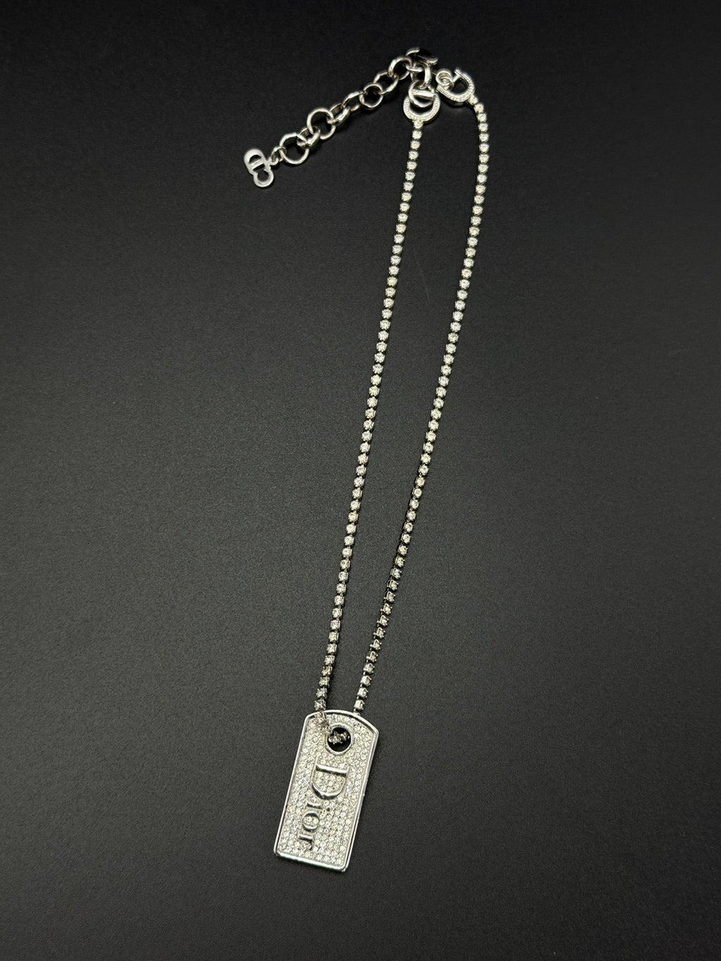 Christian Dior Vintage Rhinestone Dog Tag Pendant Necklace