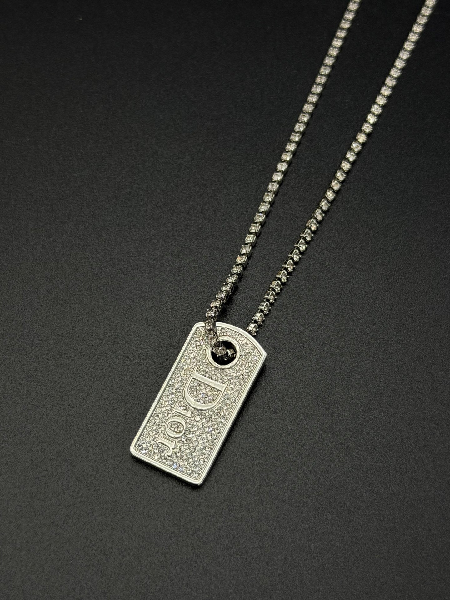 Christian Dior Vintage Rhinestone Dog Tag Pendant Necklace