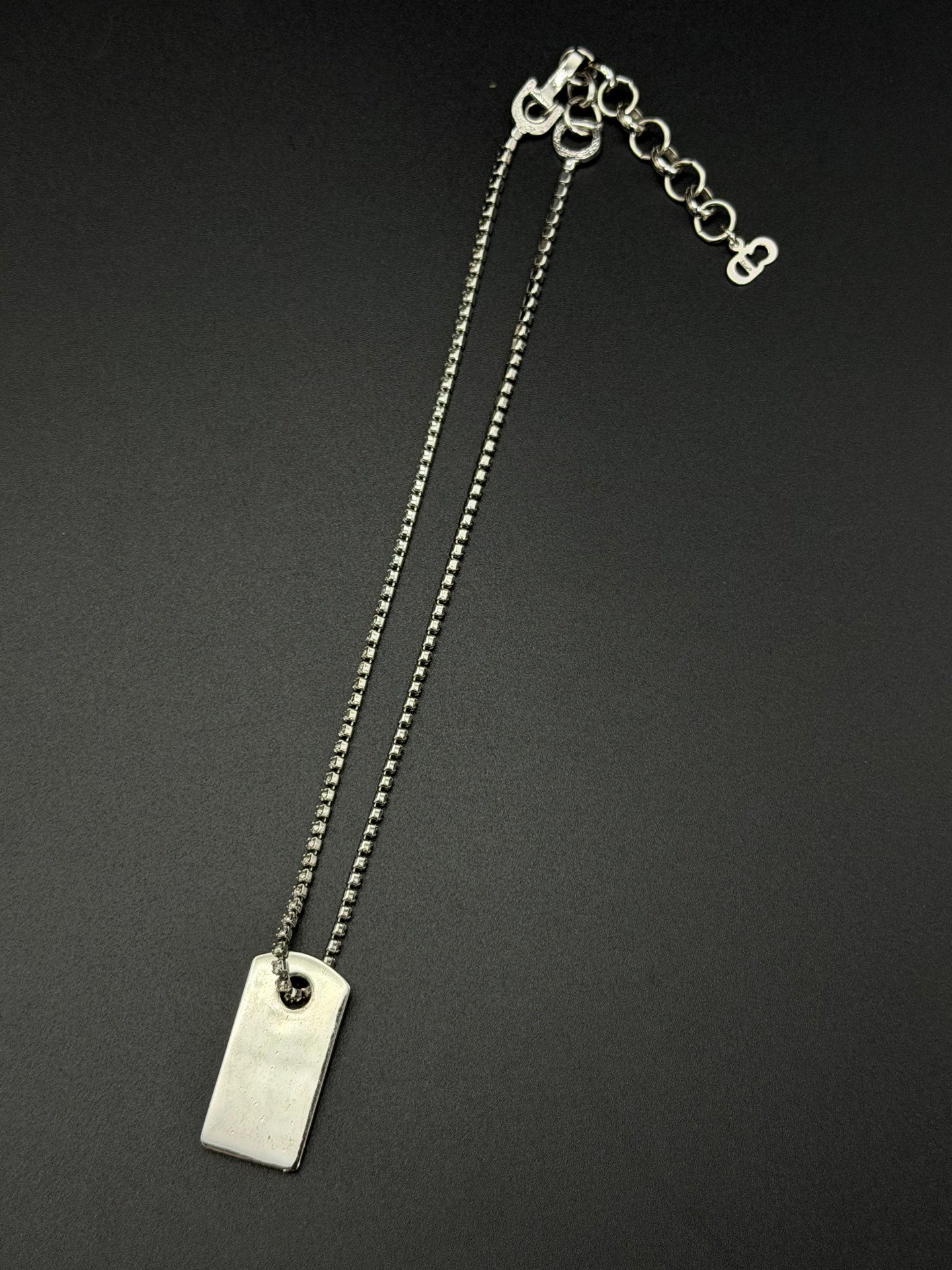 Christian Dior Vintage Rhinestone Dog Tag Pendant Necklace