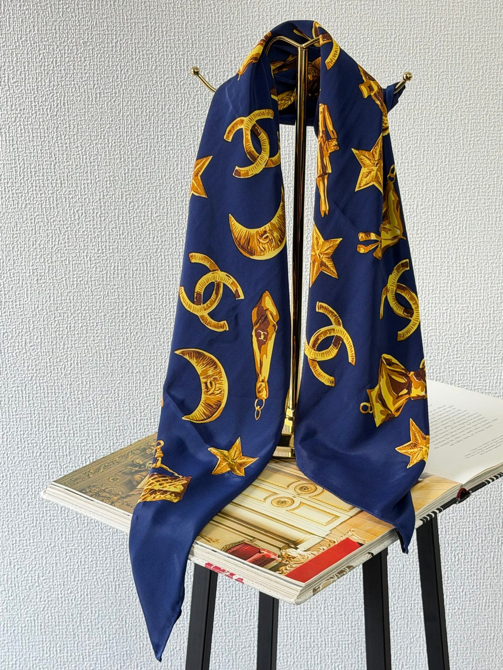 CHANEL Navy Silk Scarf Gold Charm Rare Vintage