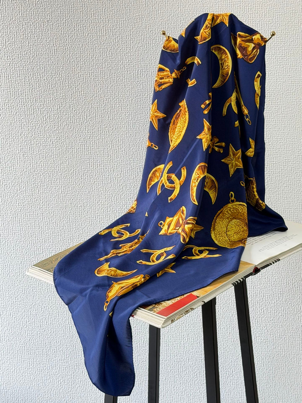 CHANEL Navy Silk Scarf Gold Charm Rare Vintage