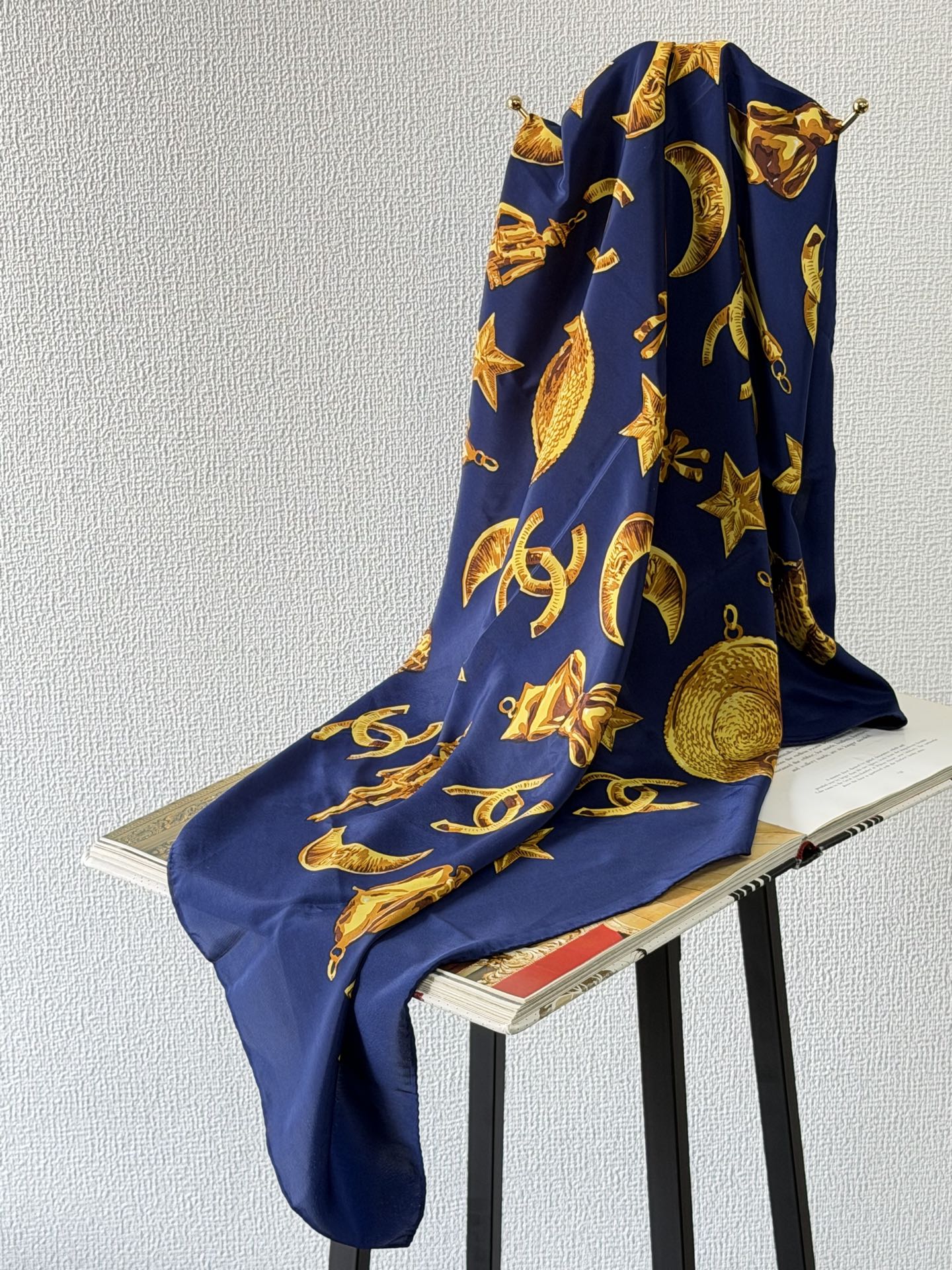 CHANEL Navy Silk Scarf Gold Charm Rare Vintage