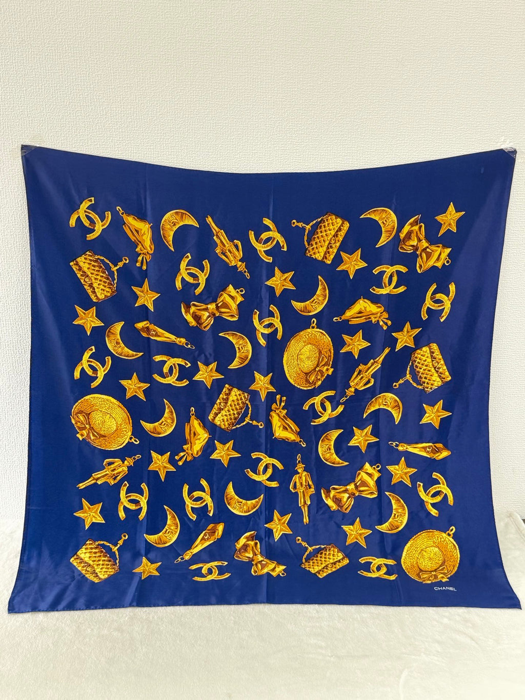CHANEL Navy Silk Scarf Gold Charm Rare Vintage