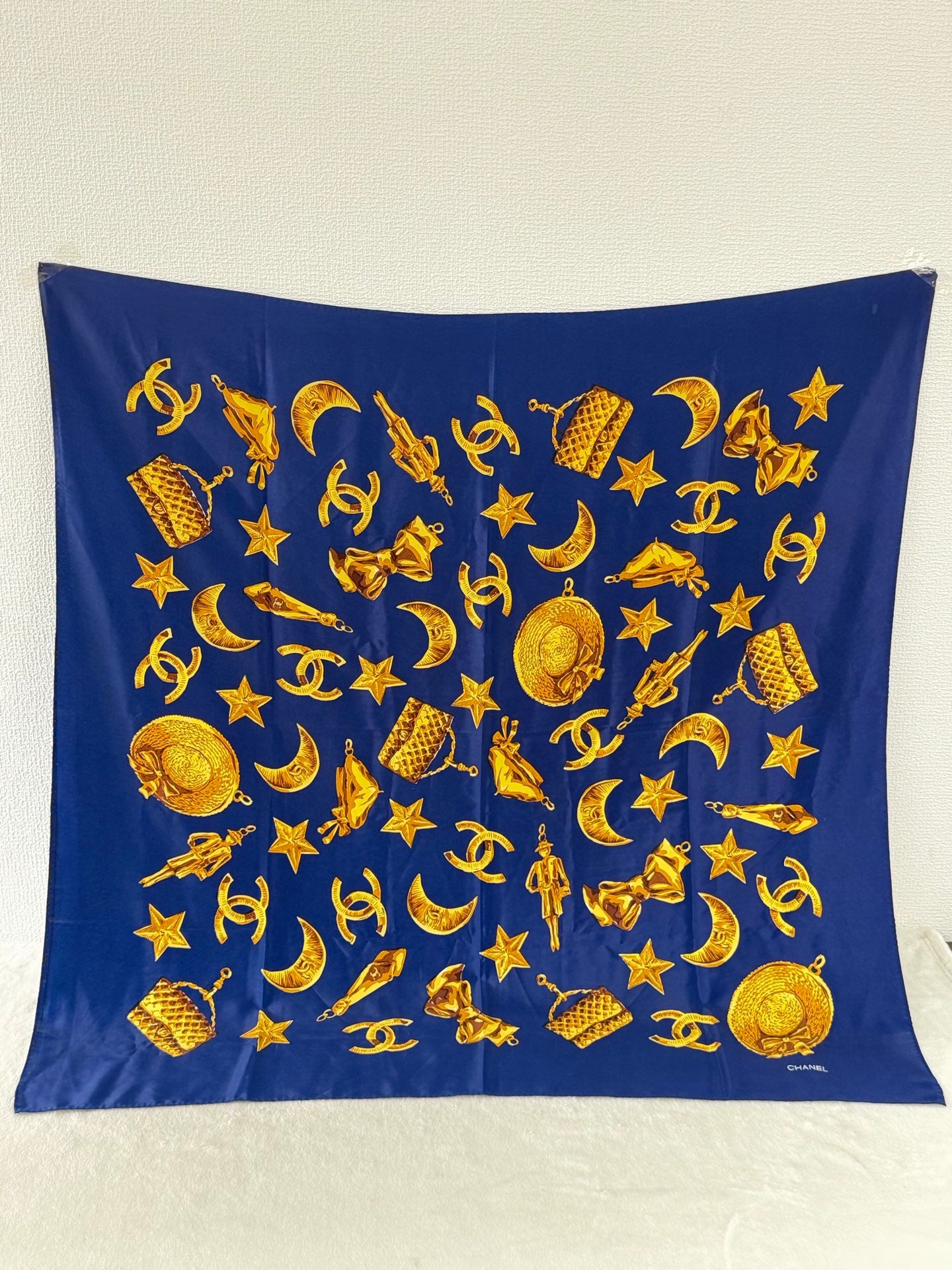 CHANEL Navy Silk Scarf Gold Charm Rare Vintage