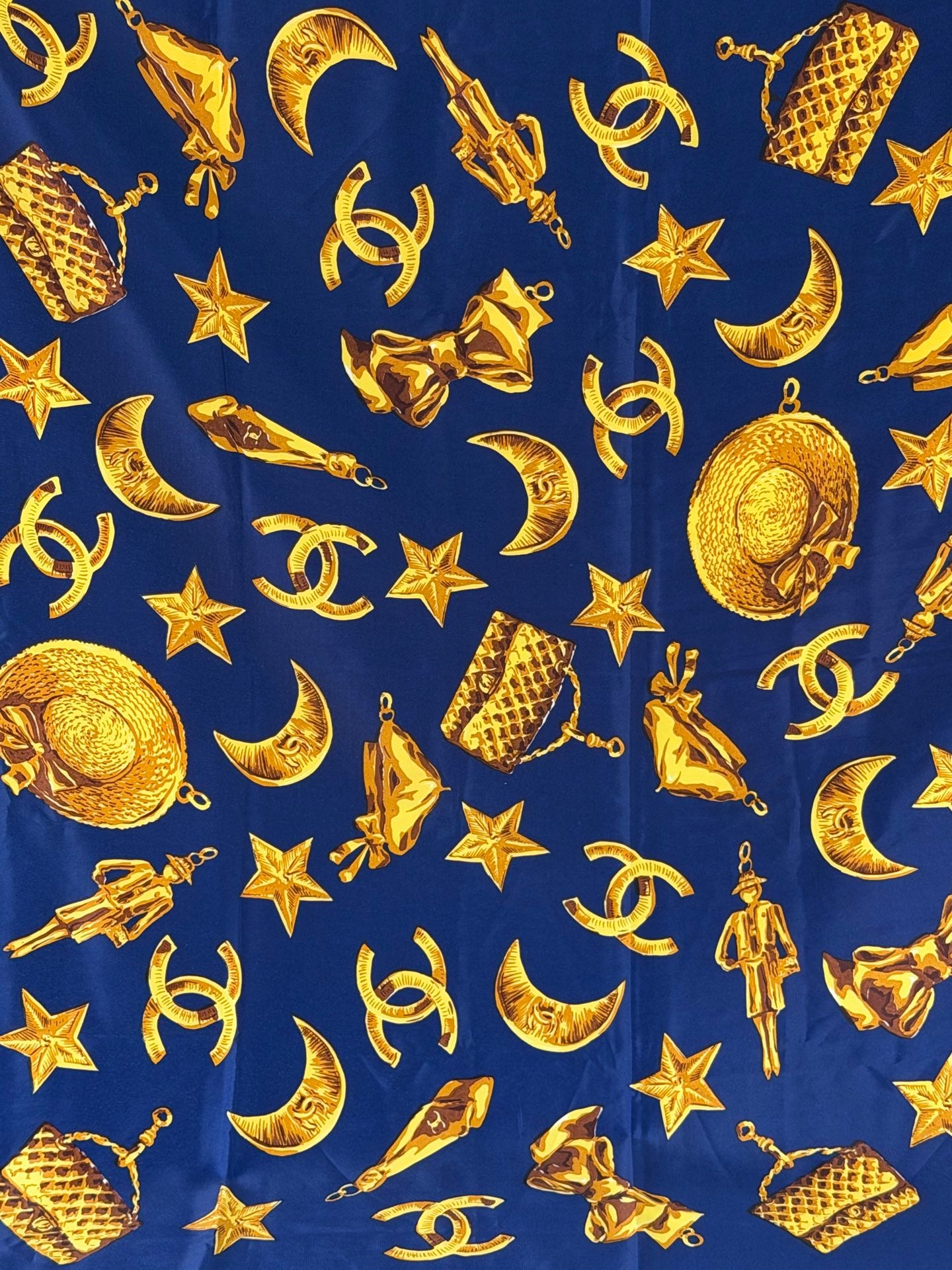 CHANEL Navy Silk Scarf Gold Charm Rare Vintage