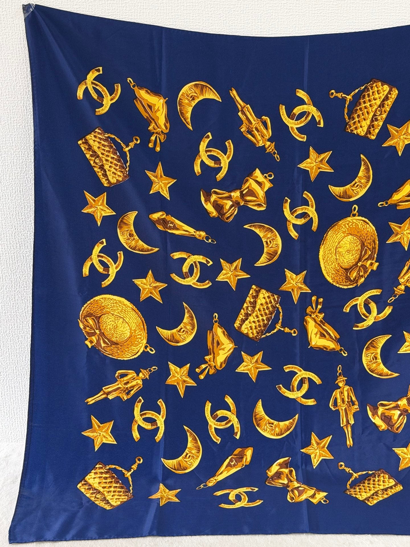 CHANEL Navy Silk Scarf Gold Charm Rare Vintage