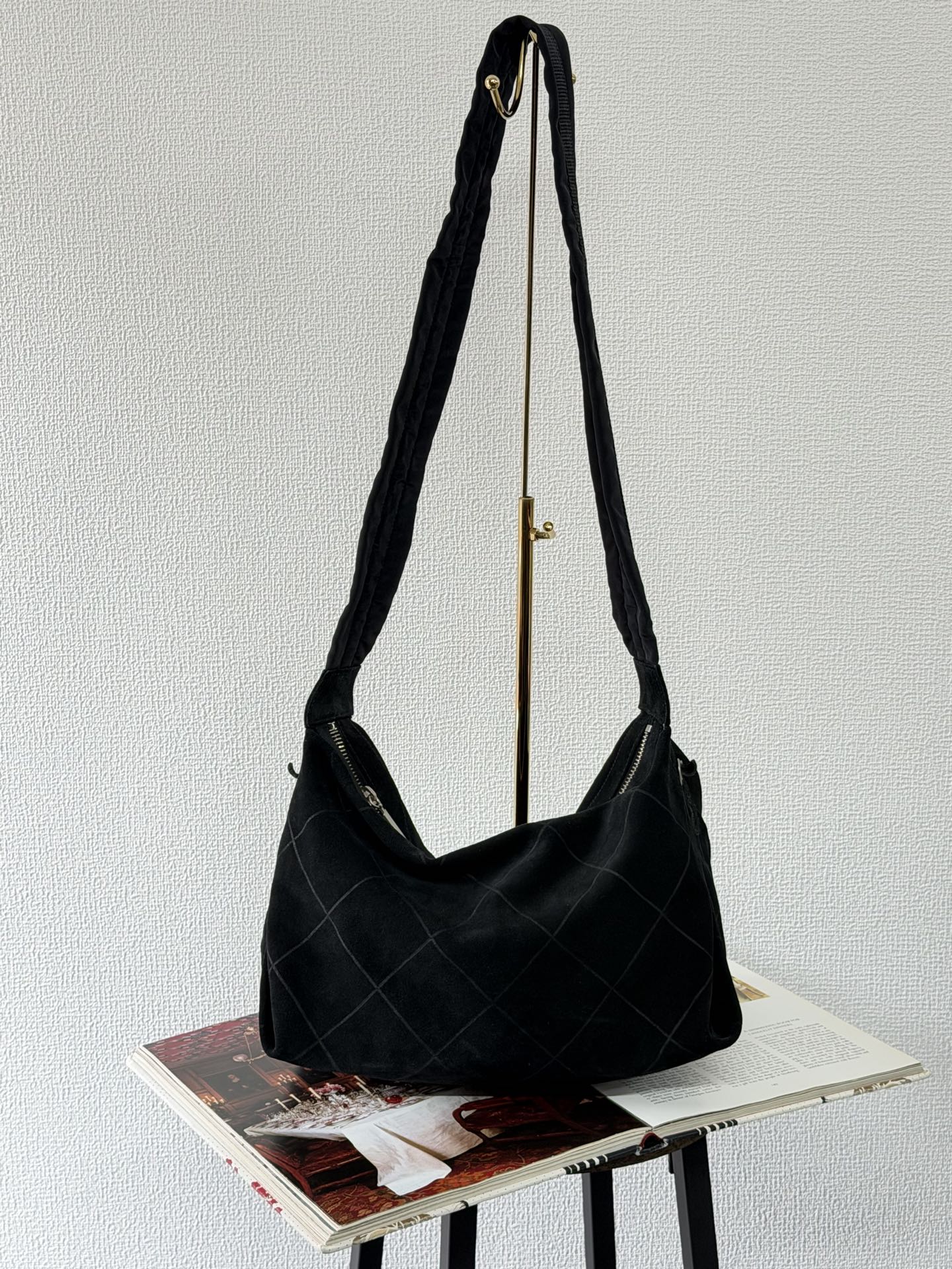 Chanel Black Quilted Suede Hobo Bag