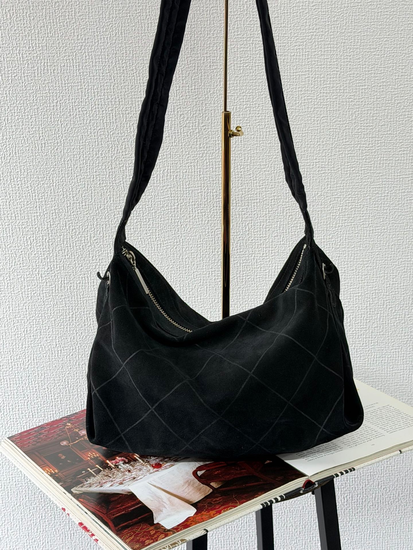 Chanel Black Quilted Suede Hobo Bag