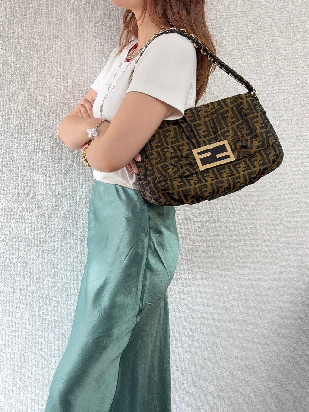 Fendi Tobacco Zucca Print Canvas Mia Flap Shoulder Bag