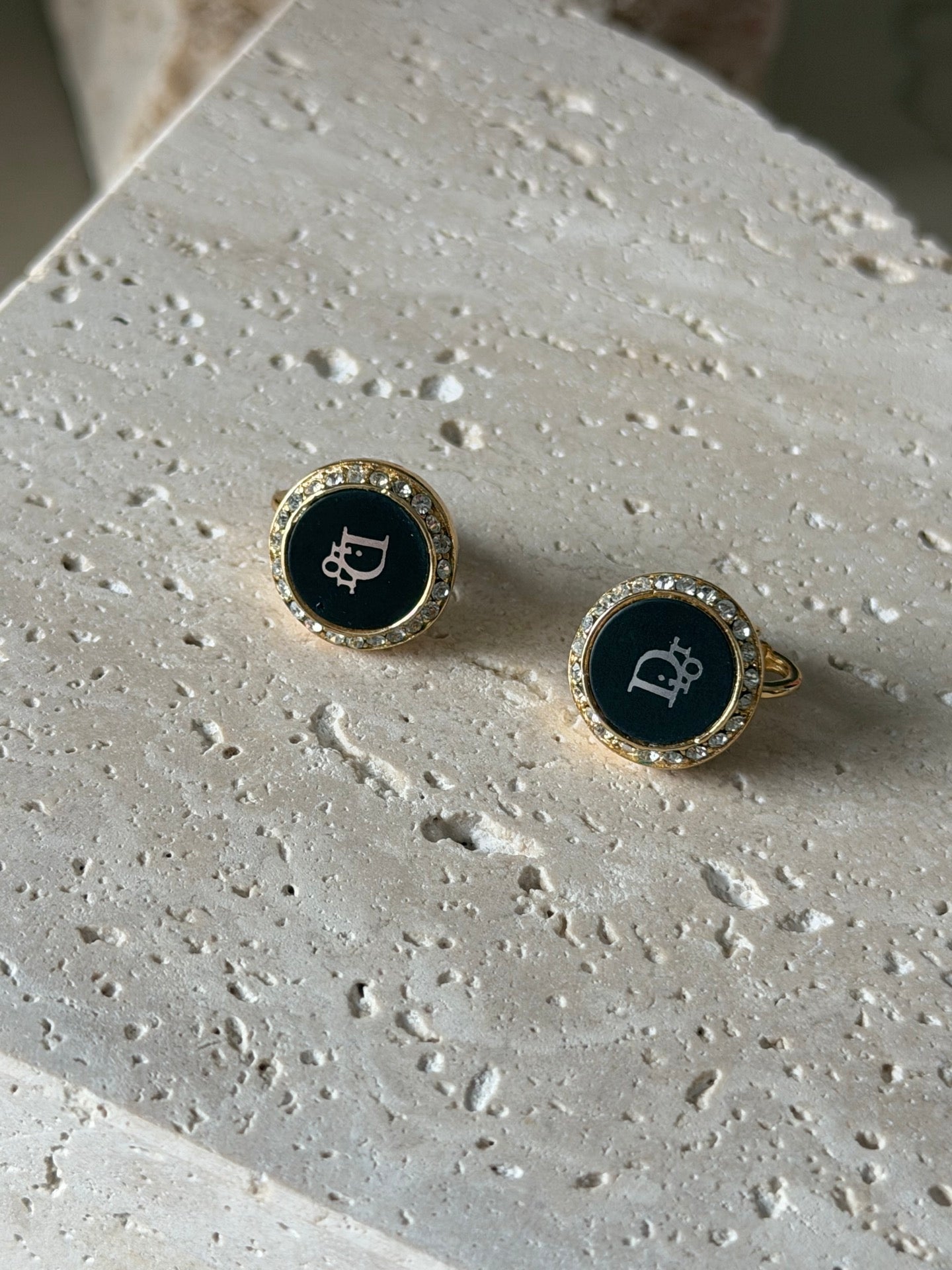 CHRISTIAN DIOR CD Logo Black Round Clip-on Earrings
