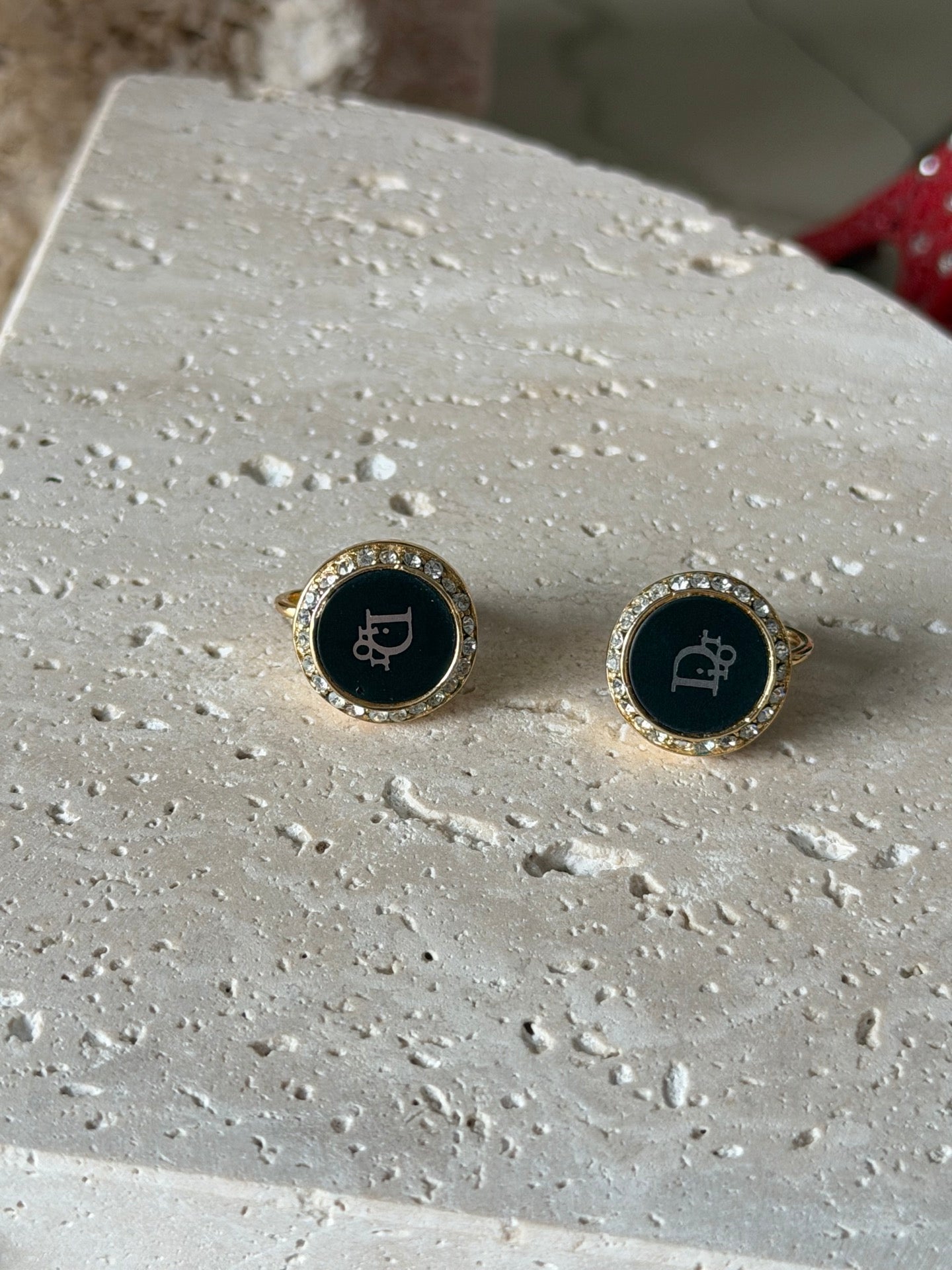 CHRISTIAN DIOR CD Logo Black Round Clip-on Earrings