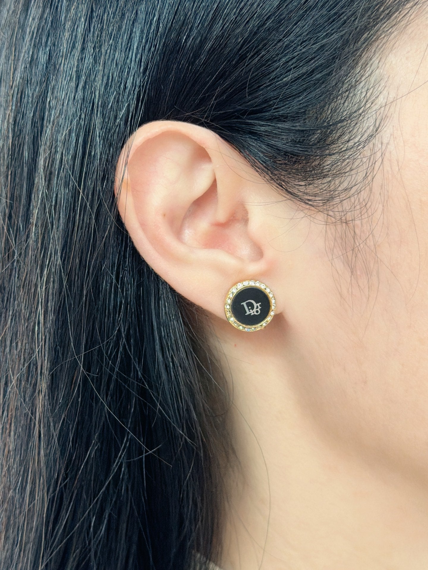 CHRISTIAN DIOR CD Logo Black Round Clip-on Earrings