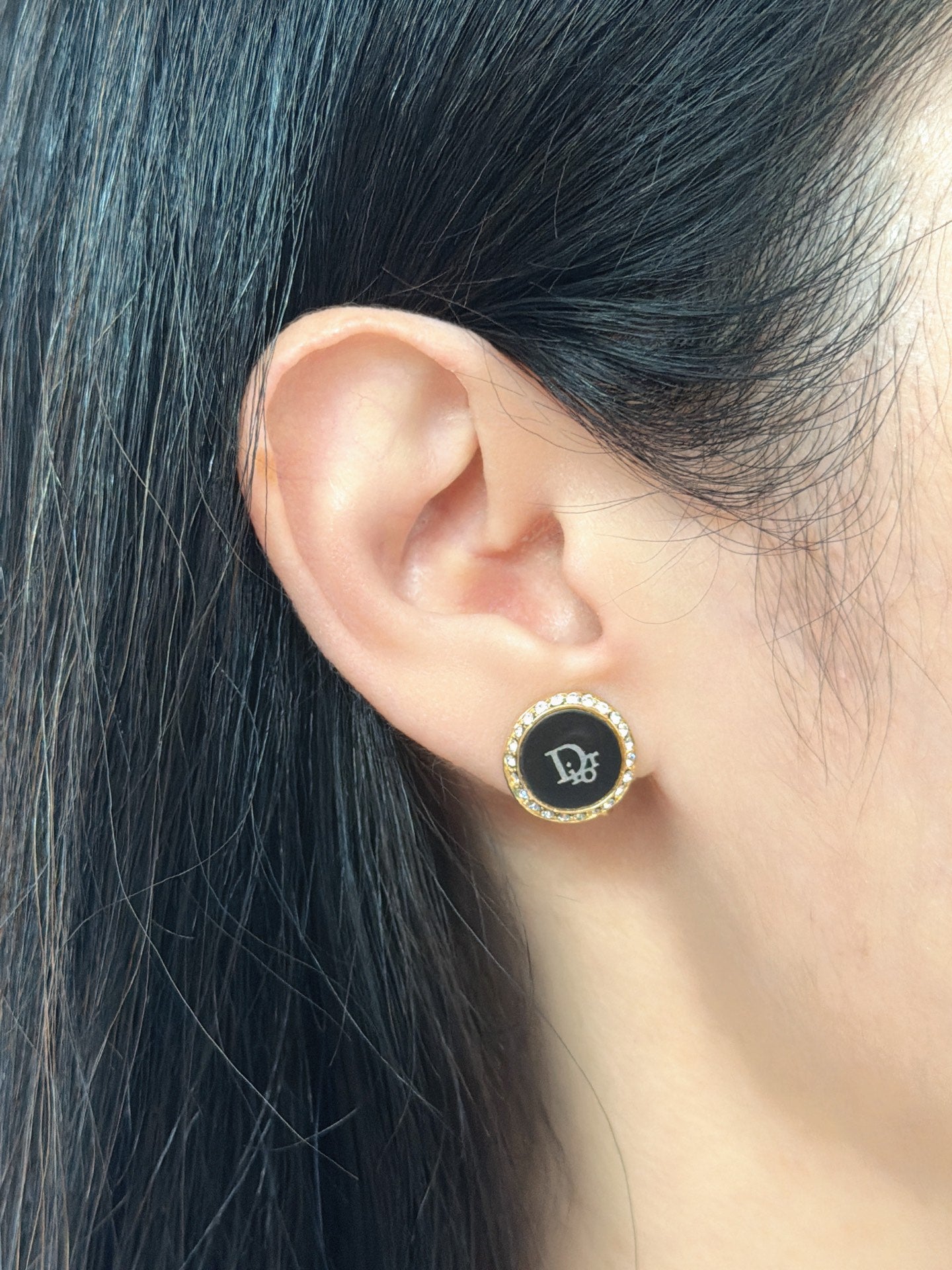 CHRISTIAN DIOR CD Logo Black Round Clip-on Earrings
