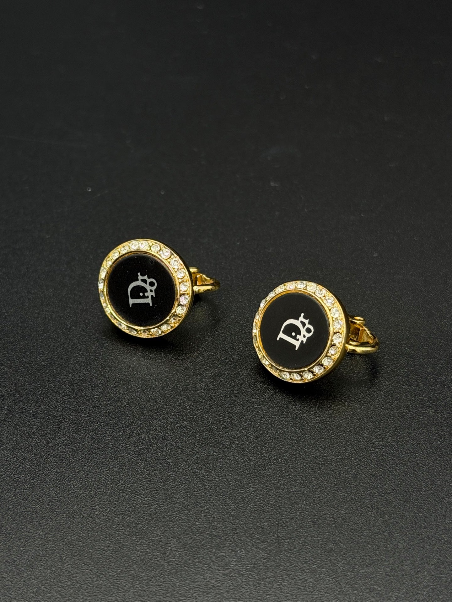 CHRISTIAN DIOR CD Logo Black Round Clip-on Earrings