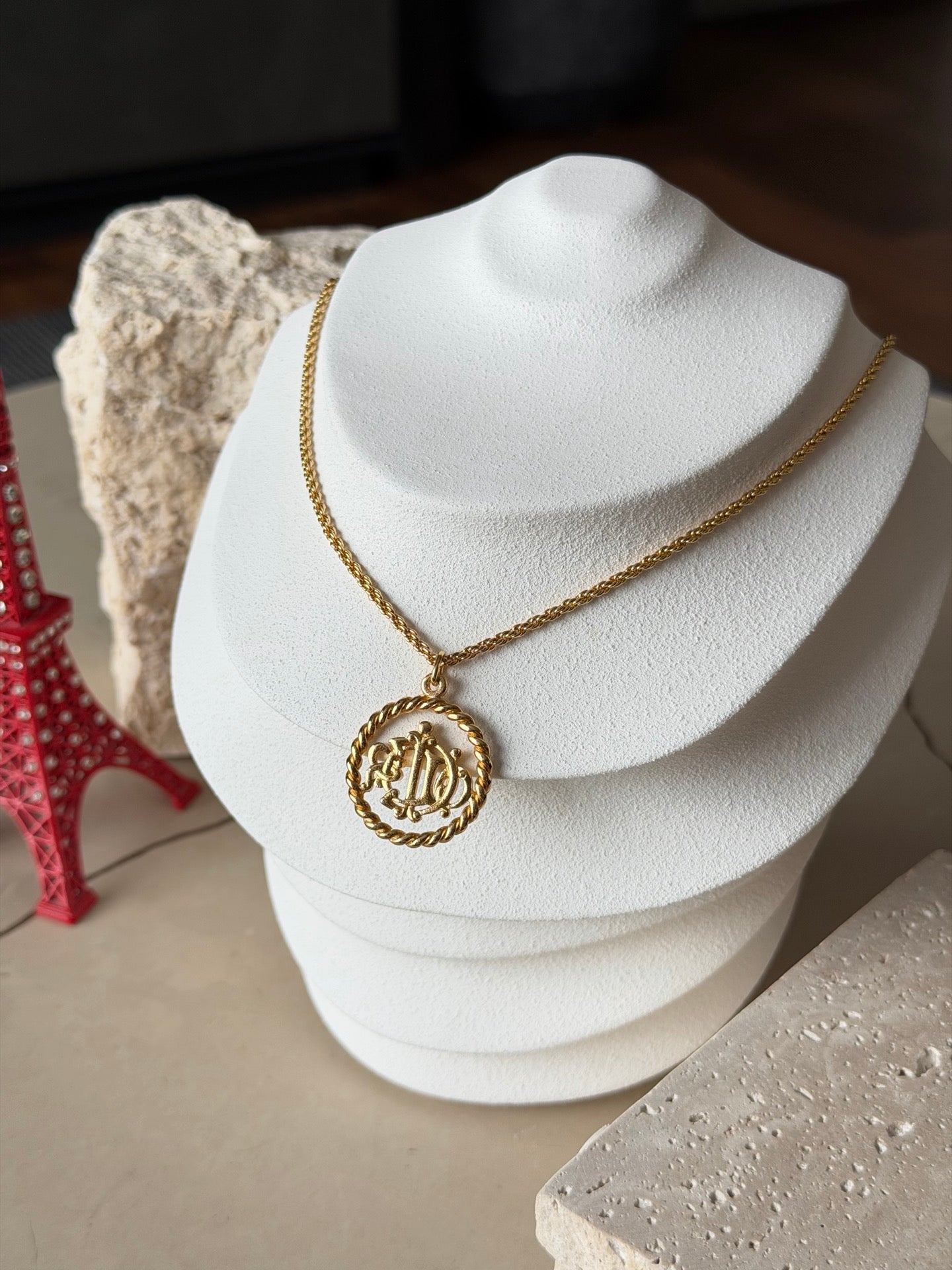 DIOR Vintage Necklace Rhinestone Emblem Logo