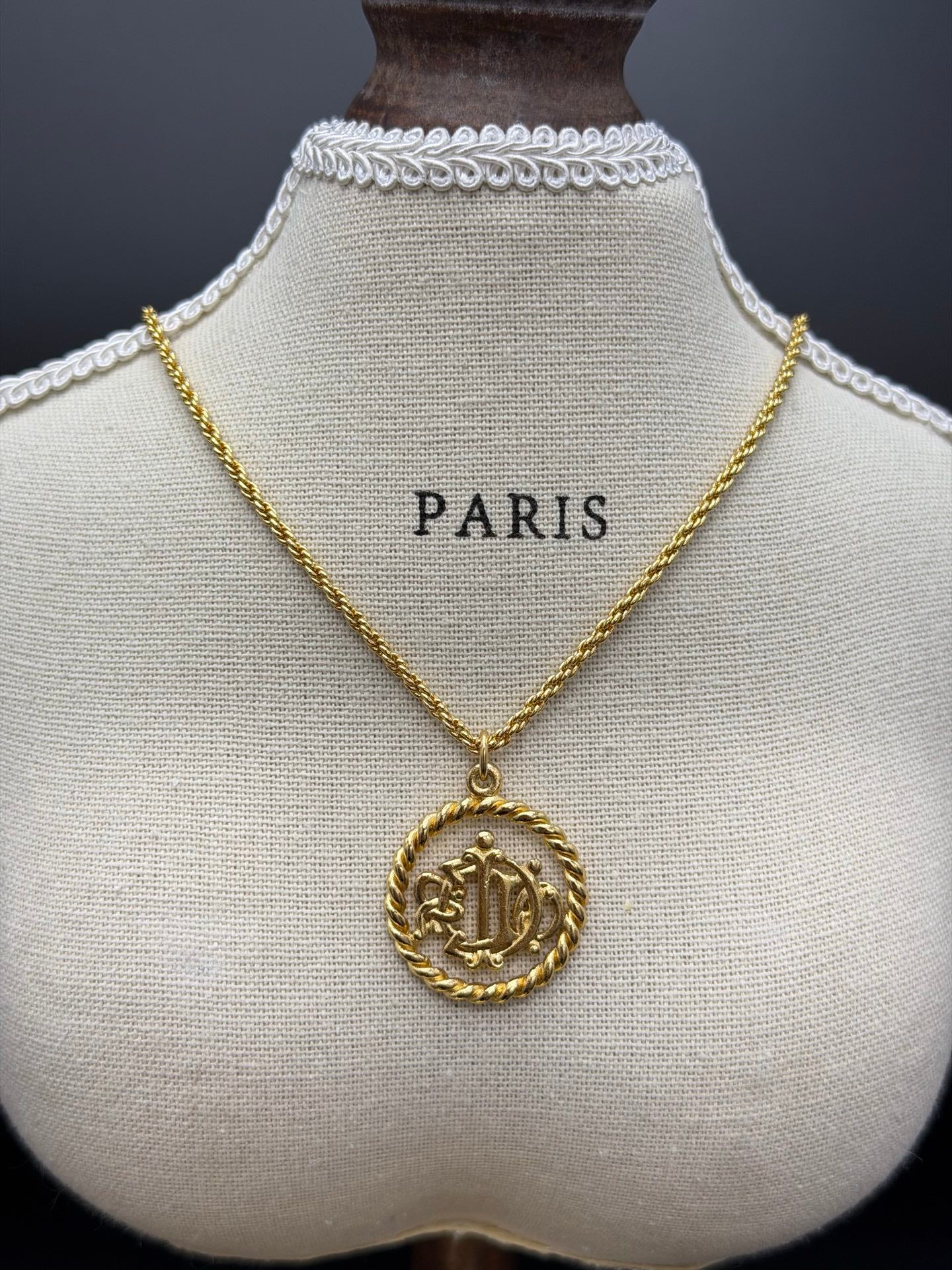 DIOR Vintage Necklace Rhinestone Emblem Logo