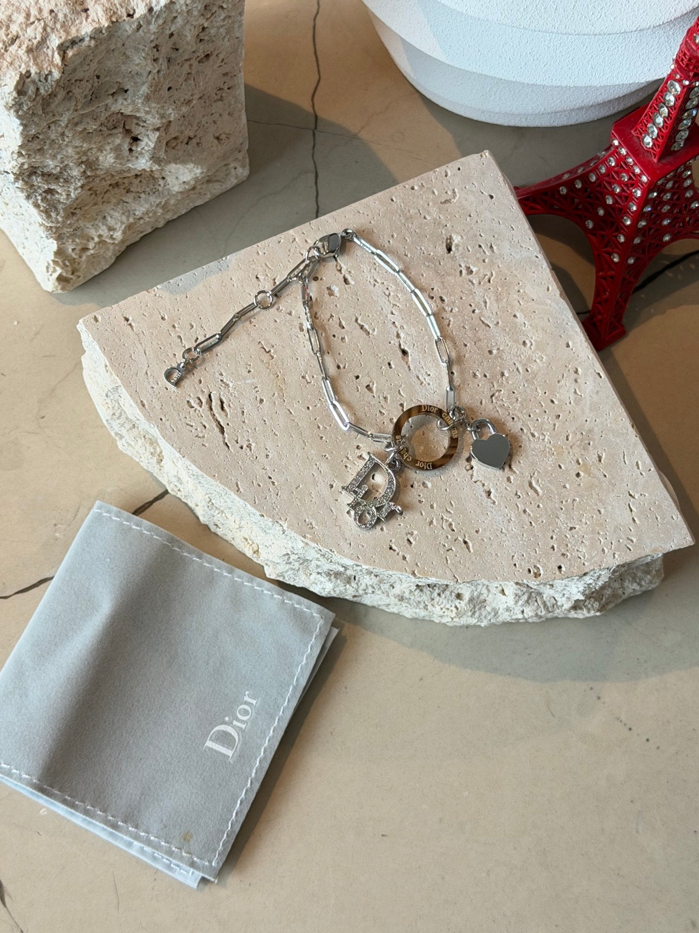 Christian Dior Vintage Rhinestone Logo Heart Charm Bracelet