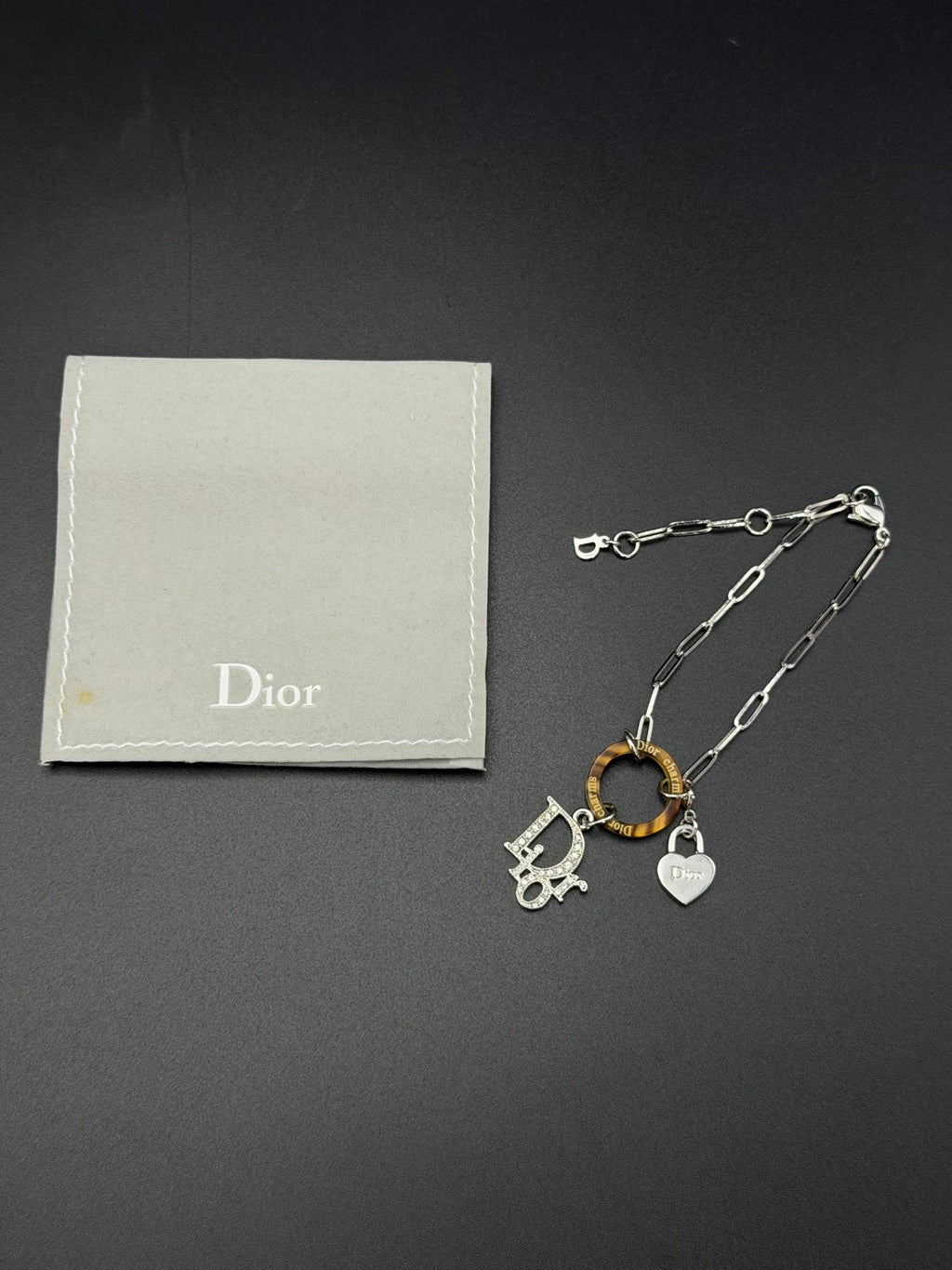 Christian Dior Vintage Rhinestone Logo Heart Charm Bracelet