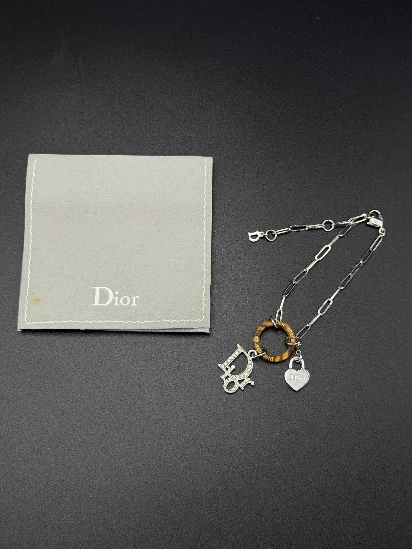 Christian Dior Vintage Rhinestone Logo Heart Charm Bracelet
