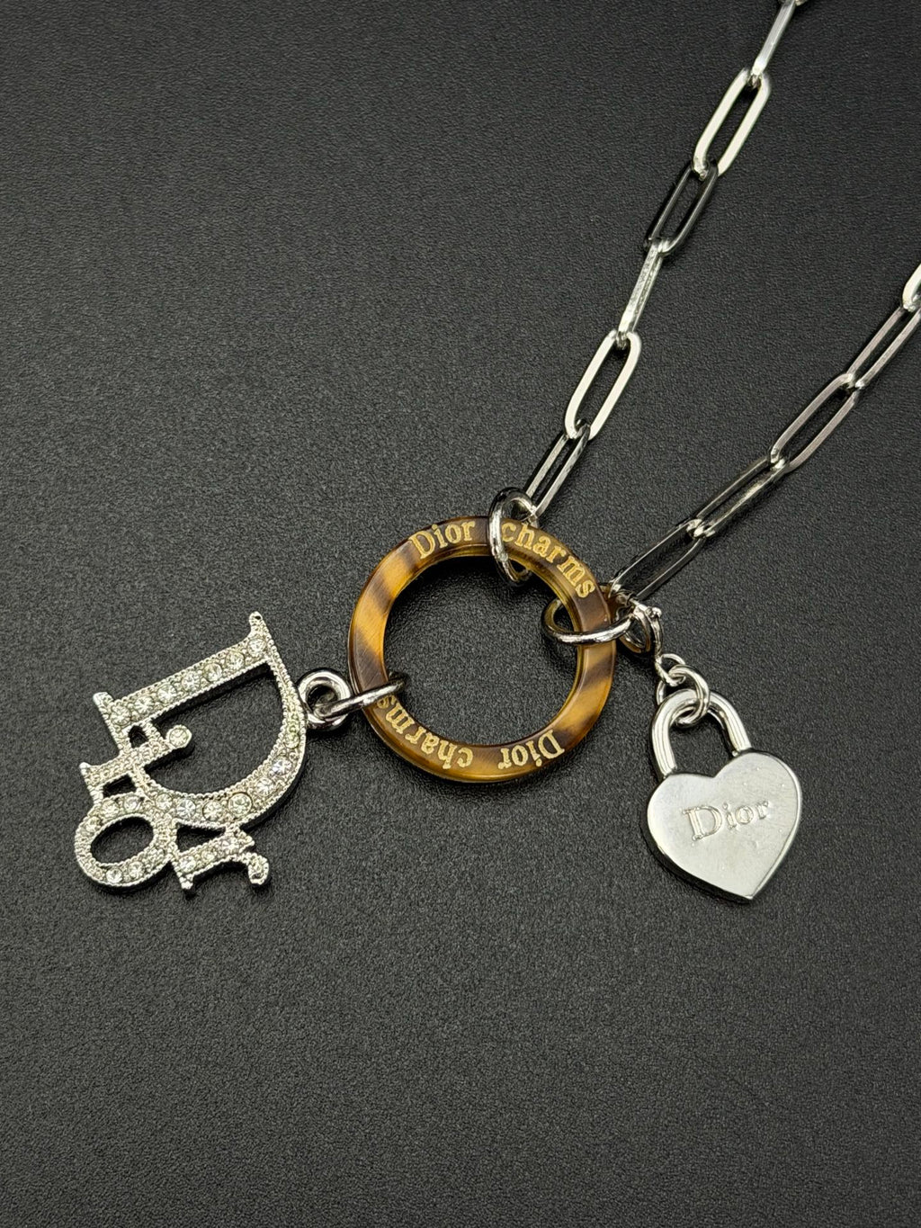 Christian Dior Vintage Rhinestone Logo Heart Charm Bracelet