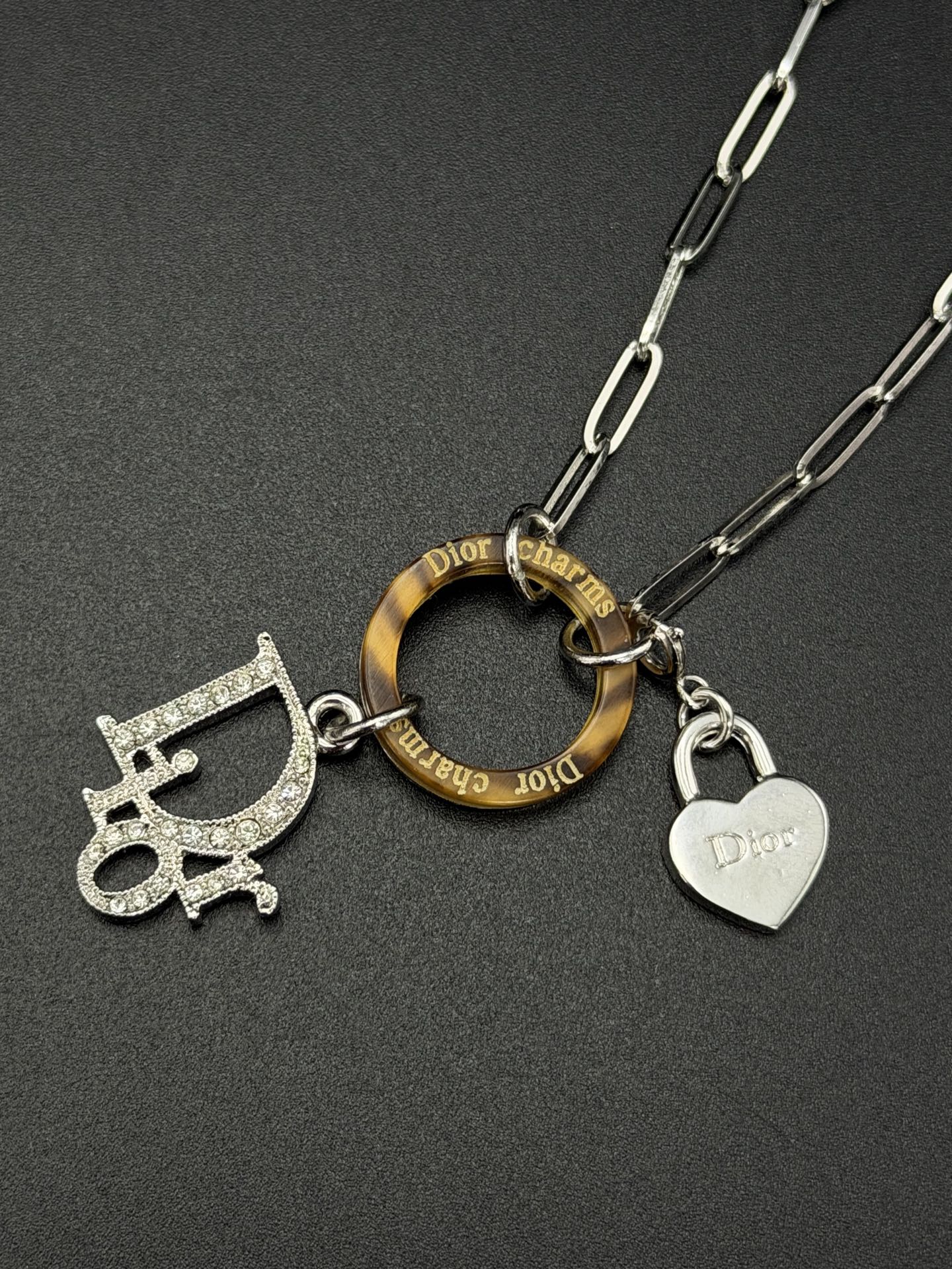 Christian Dior Vintage Rhinestone Logo Heart Charm Bracelet