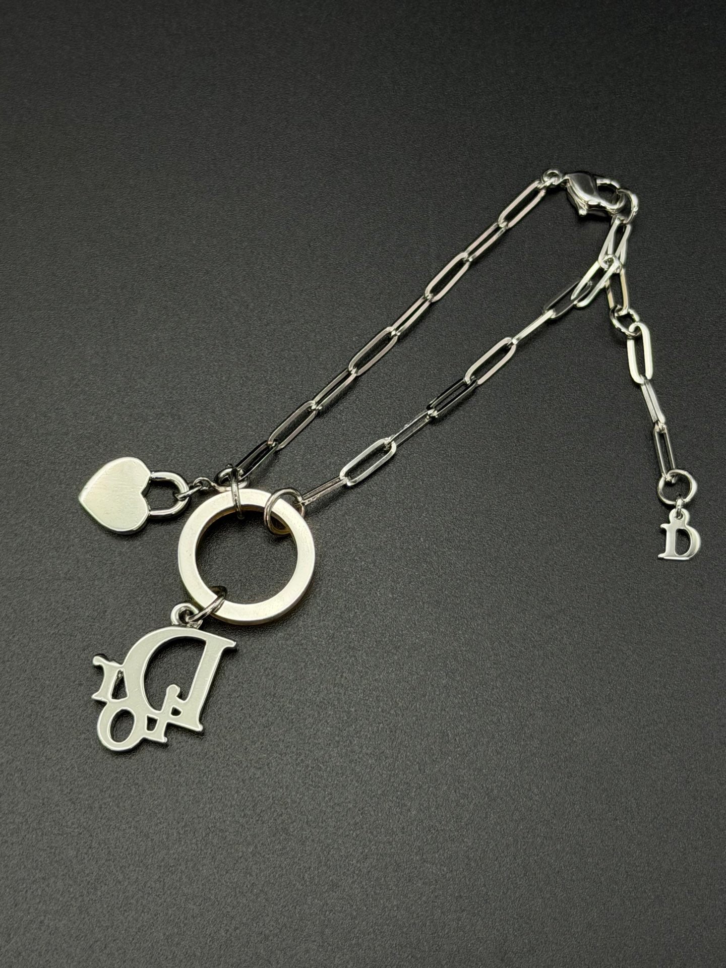 Christian Dior Vintage Rhinestone Logo Heart Charm Bracelet