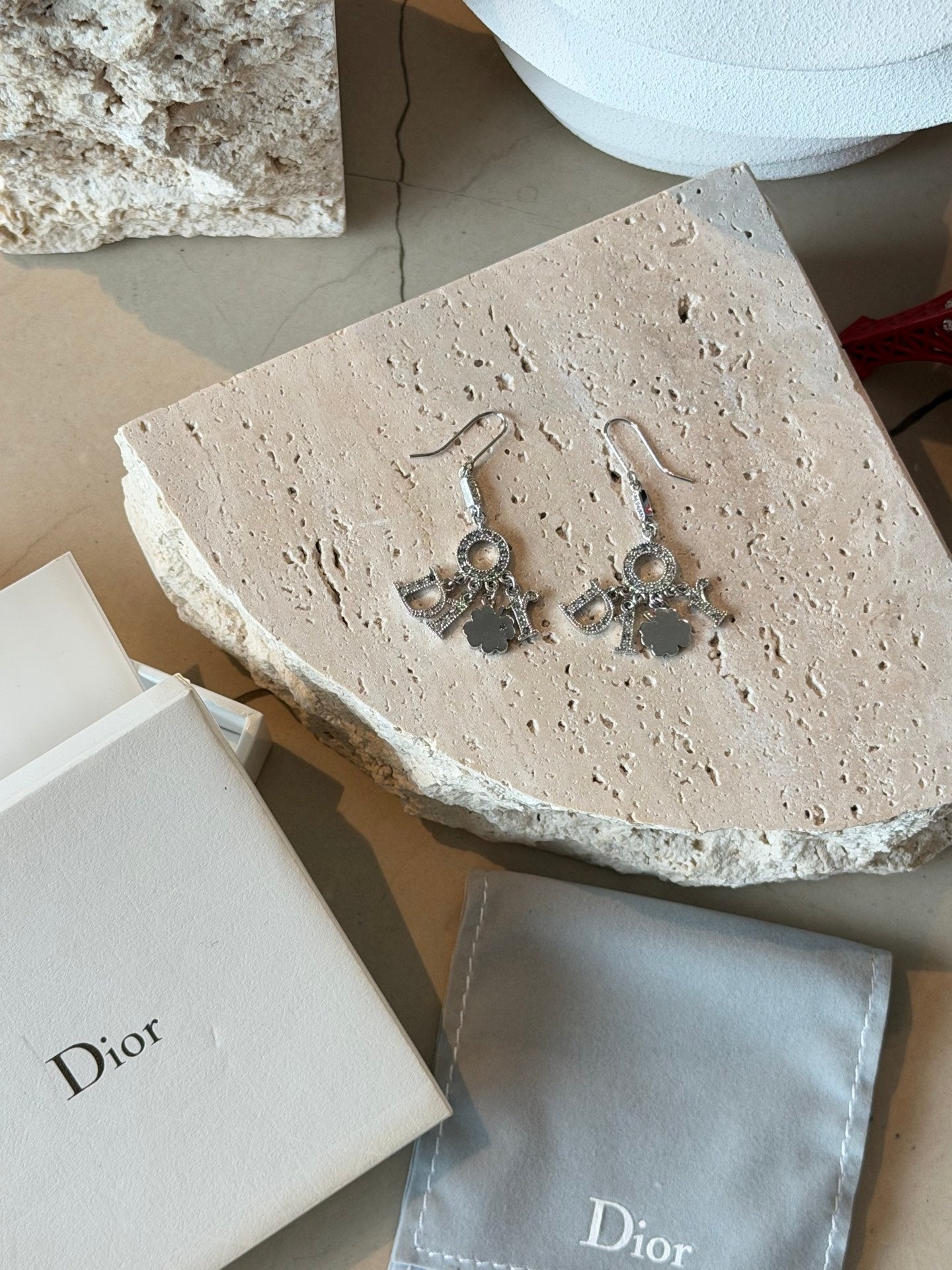 Christian Dior Vintage Rhinestone Swing Logo Clover Drop Earrings