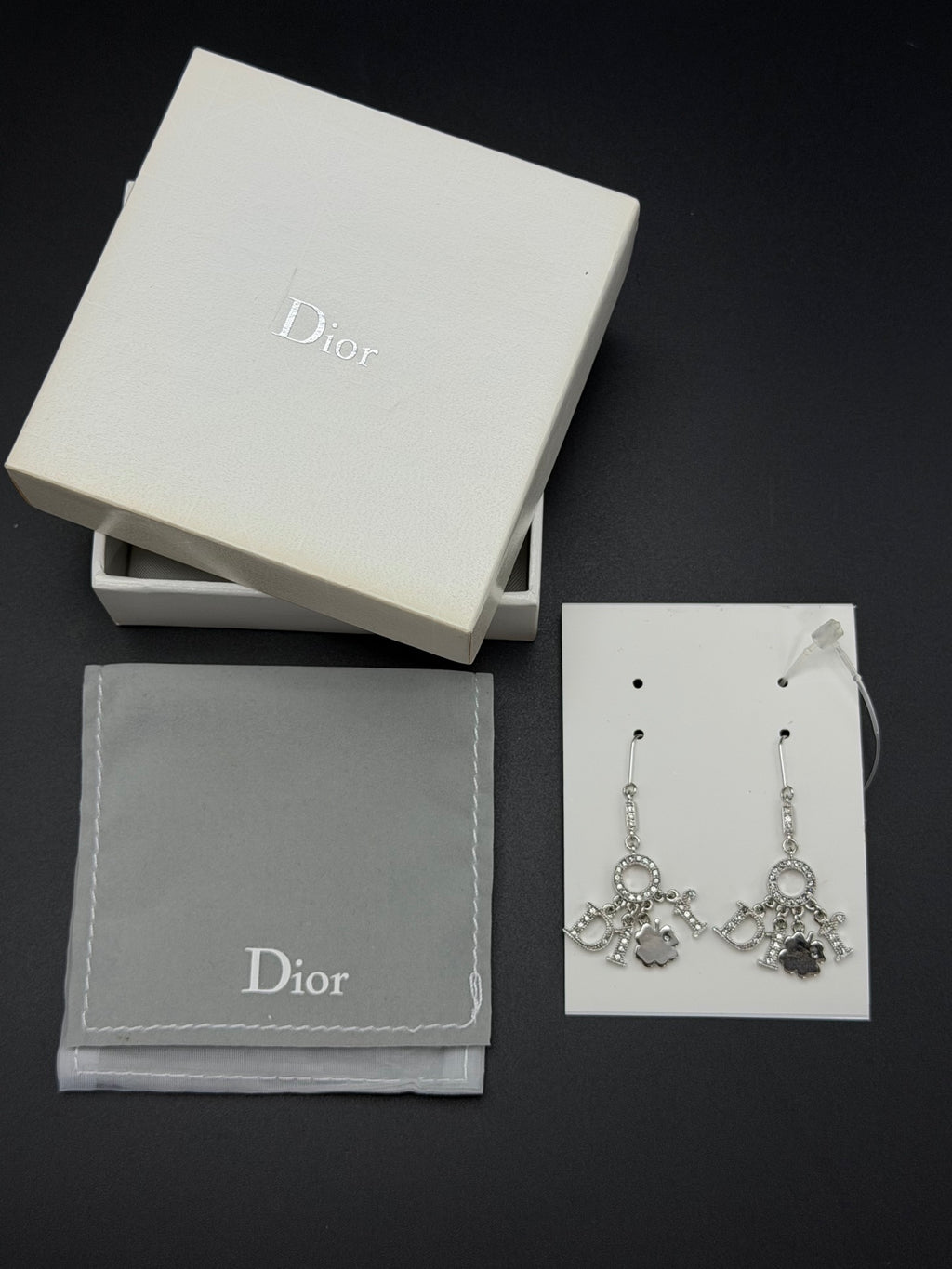Christian Dior Vintage Rhinestone Swing Logo Clover Drop Earrings