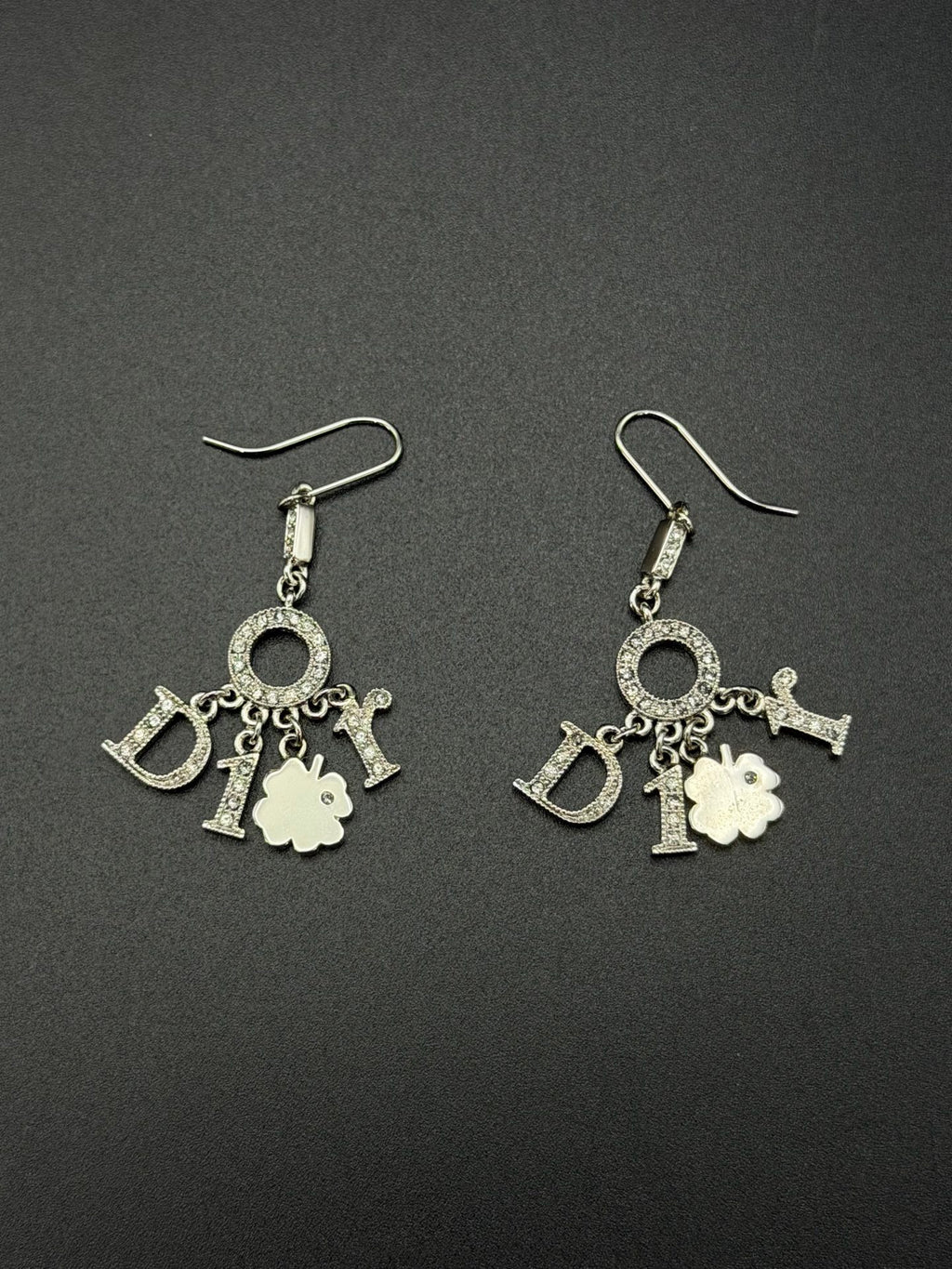 Christian Dior Vintage Rhinestone Swing Logo Clover Drop Earrings