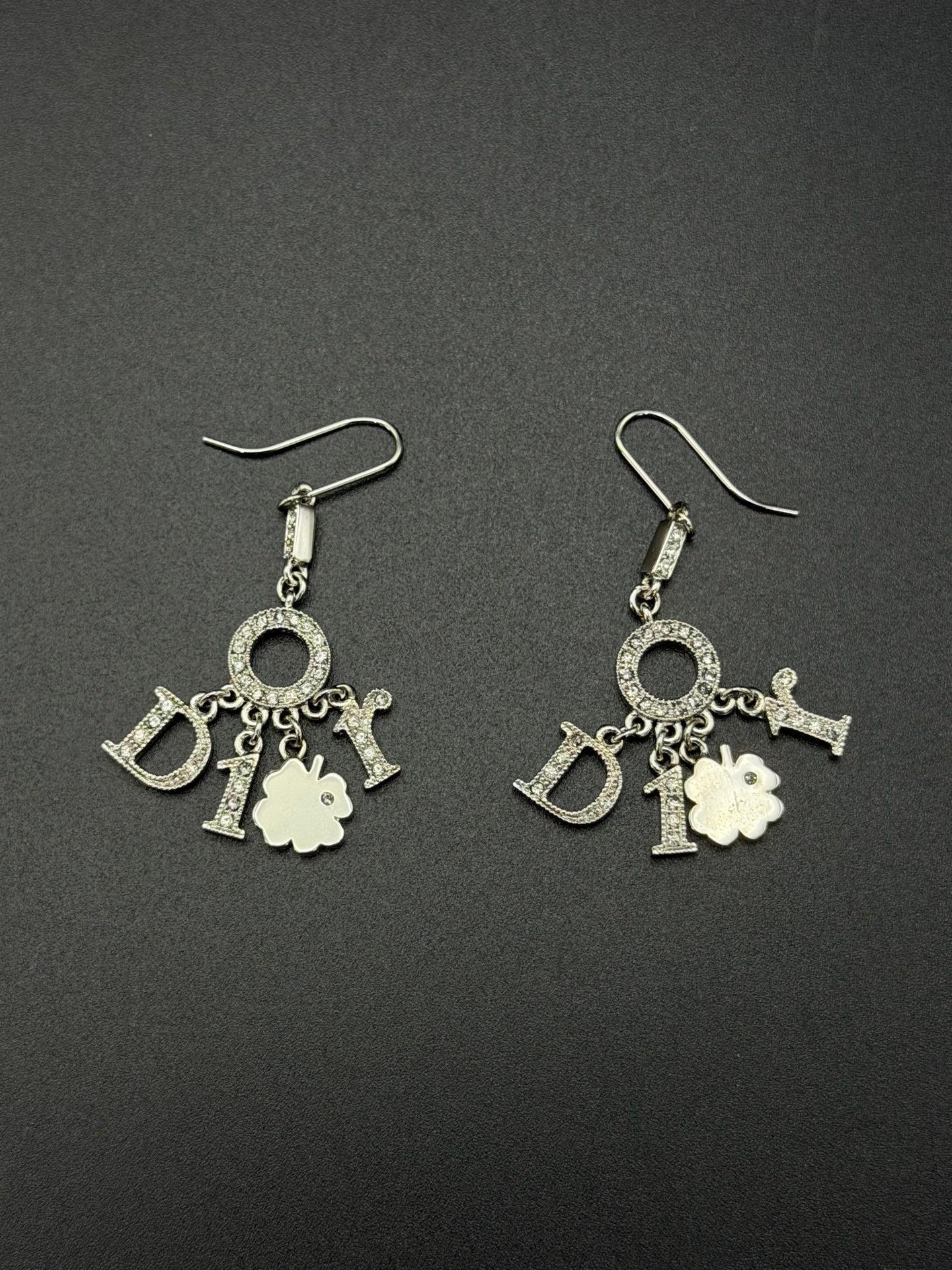Christian Dior Vintage Rhinestone Swing Logo Clover Drop Earrings
