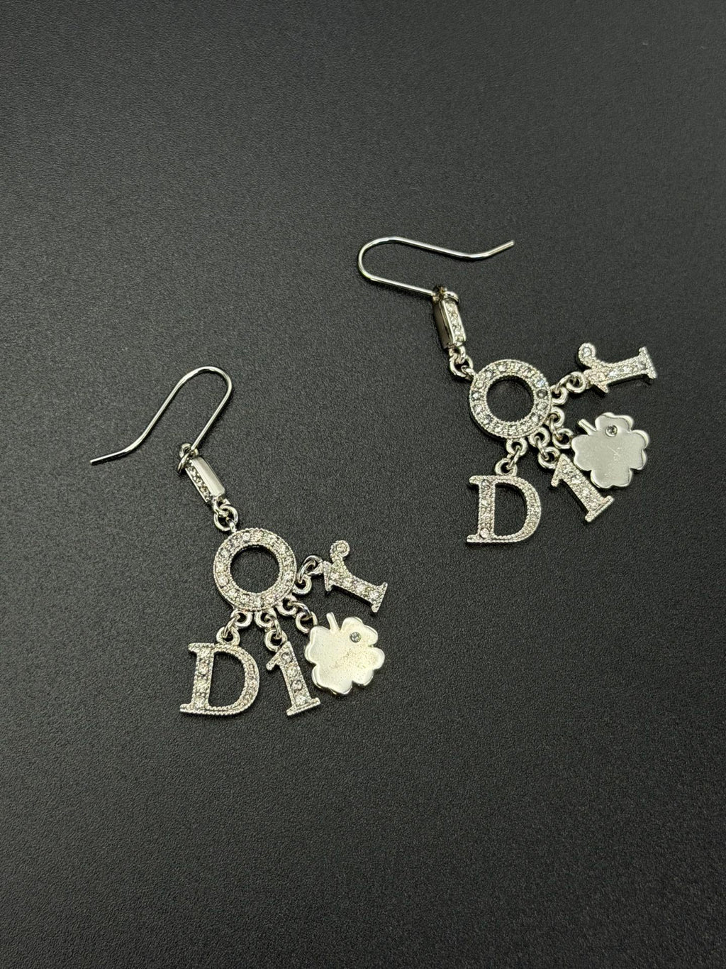Christian Dior Vintage Rhinestone Swing Logo Clover Drop Earrings