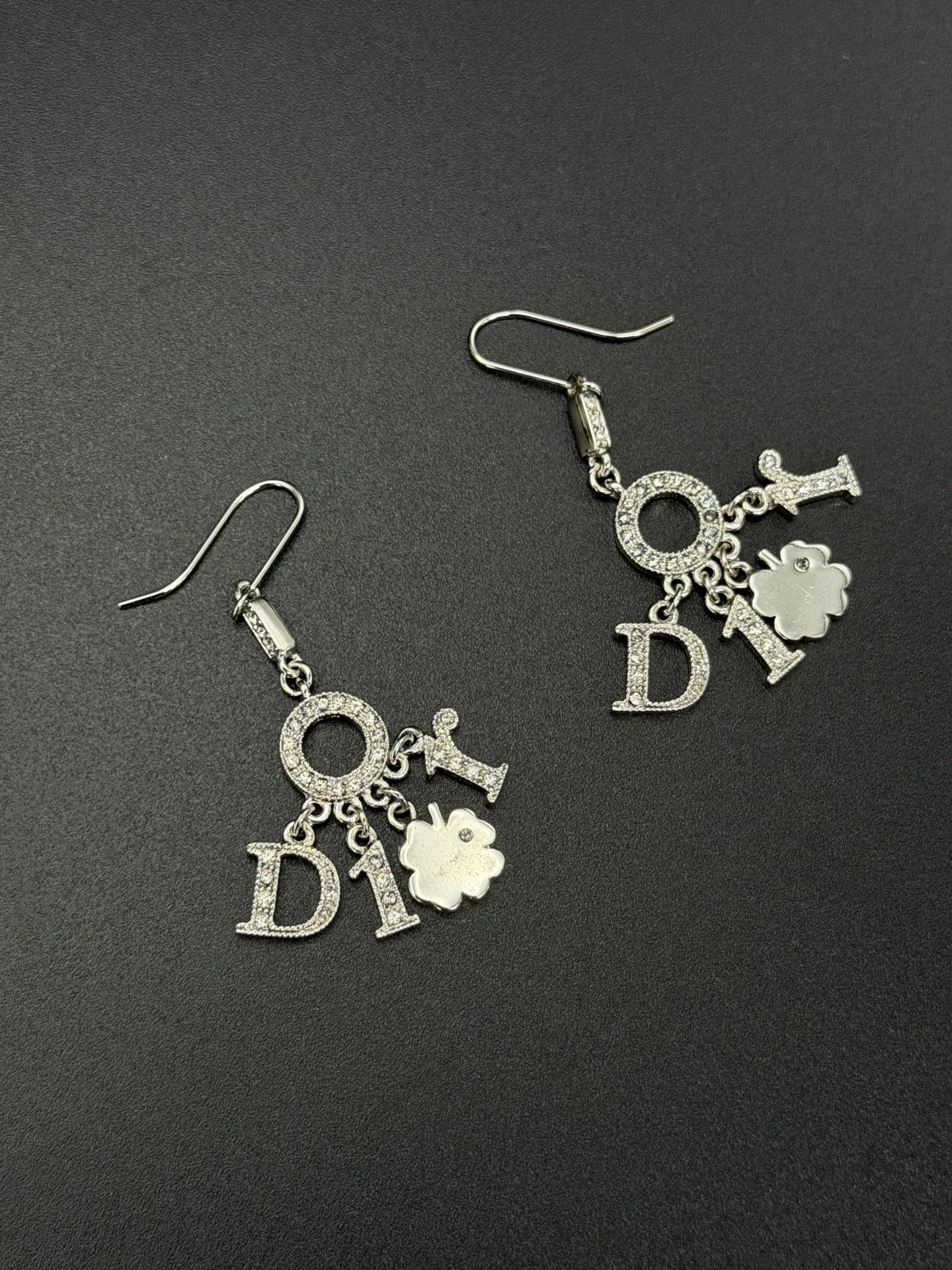 Christian Dior Vintage Rhinestone Swing Logo Clover Drop Earrings