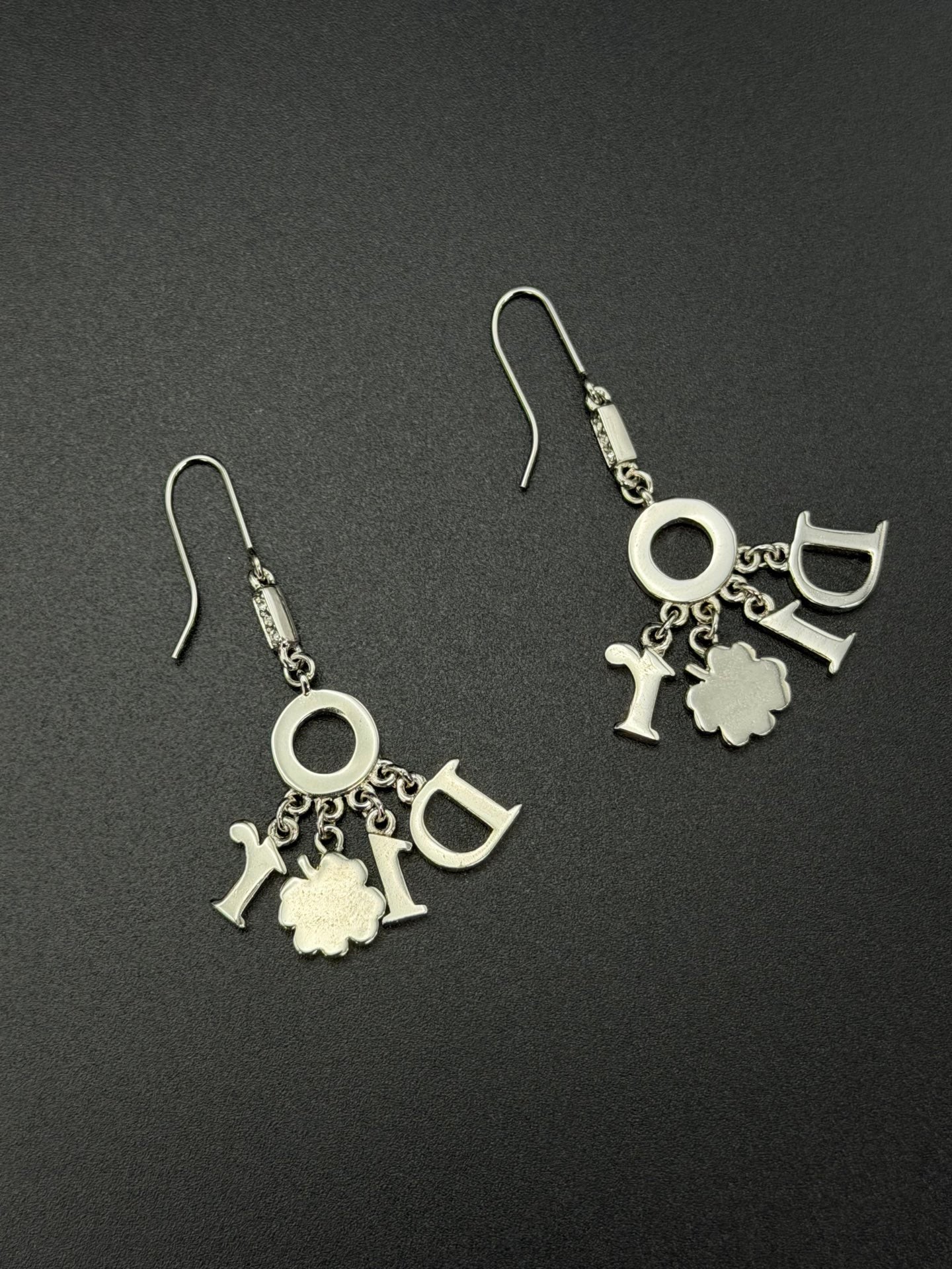 Christian Dior Vintage Rhinestone Swing Logo Clover Drop Earrings