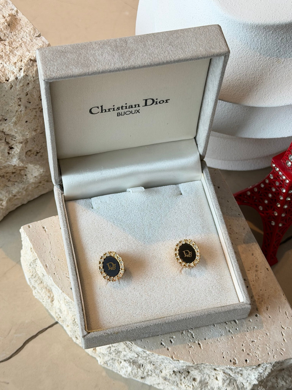 Christian Dior Vintage Black Oval Logo Rhinestone Clip-On Earrings