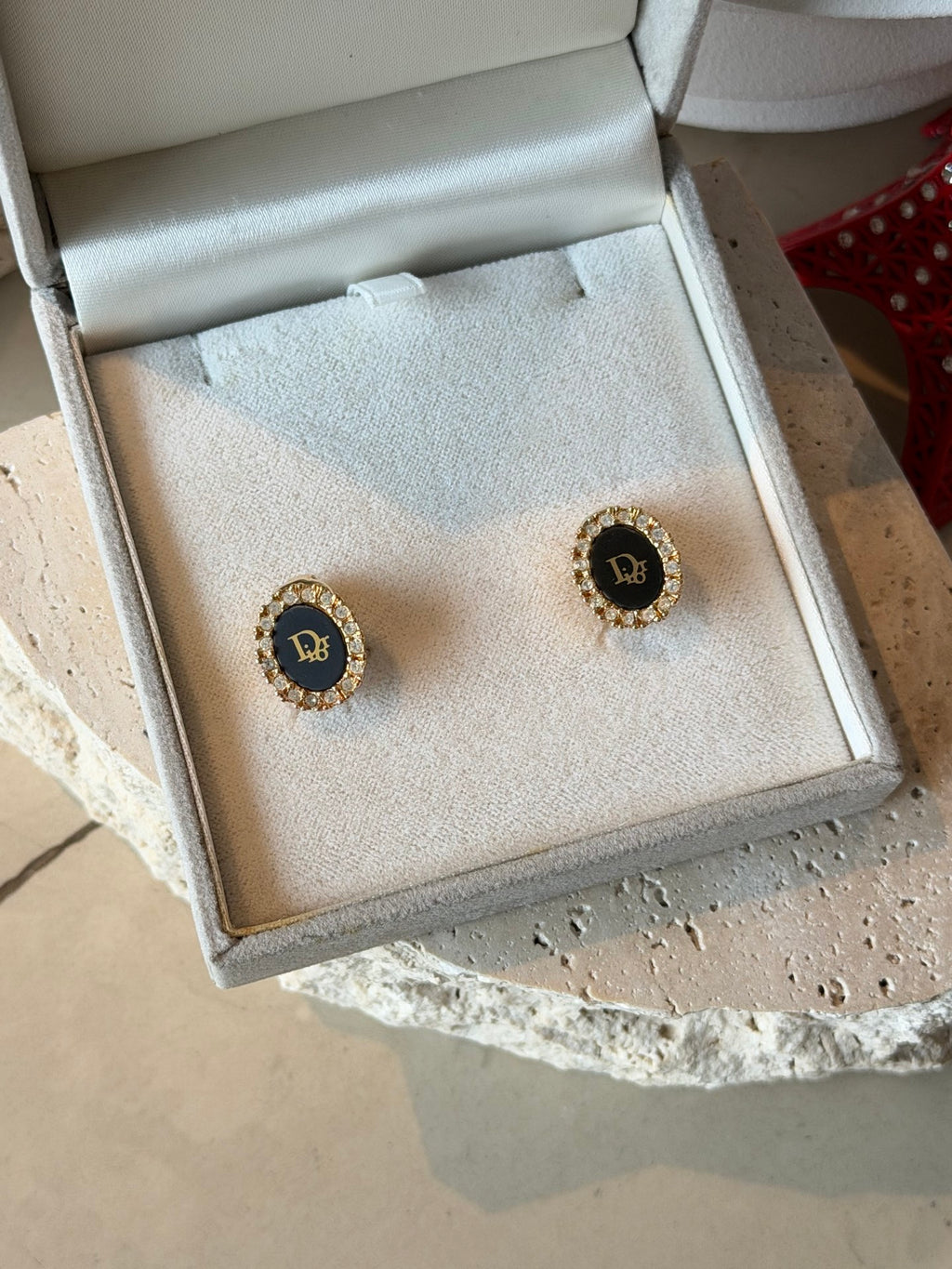 Christian Dior Vintage Black Oval Logo Rhinestone Clip-On Earrings