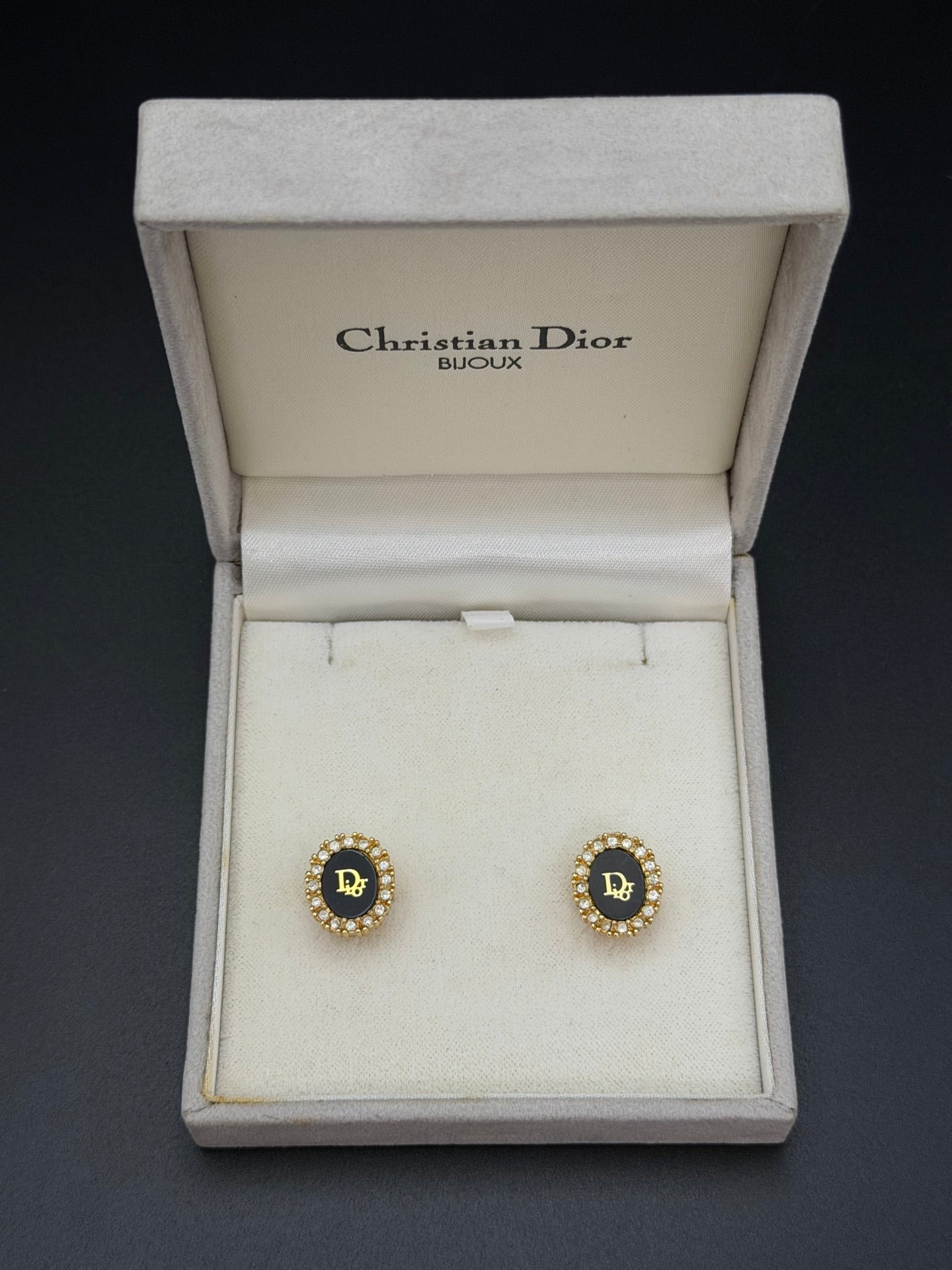 Christian Dior Vintage Black Oval Logo Rhinestone Clip-On Earrings