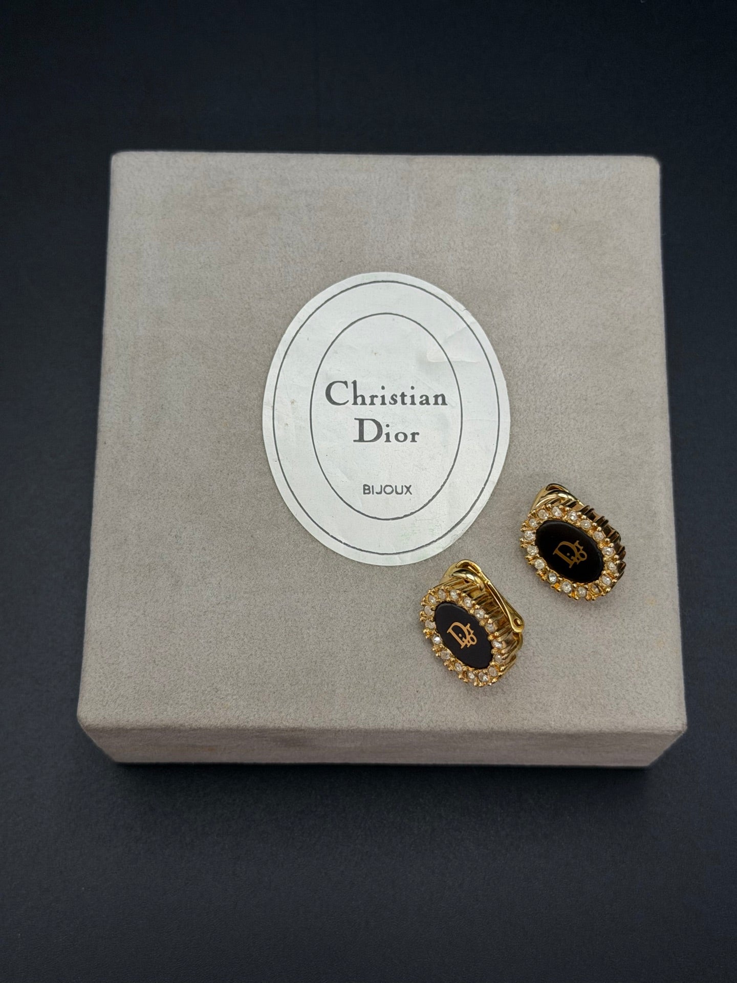 Christian Dior Vintage Black Oval Logo Rhinestone Clip-On Earrings