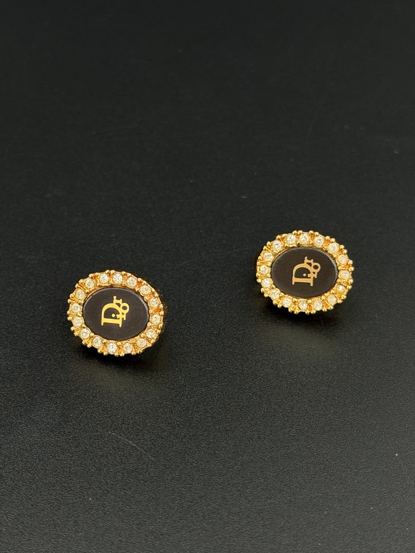 Christian Dior Vintage Black Oval Logo Rhinestone Clip-On Earrings
