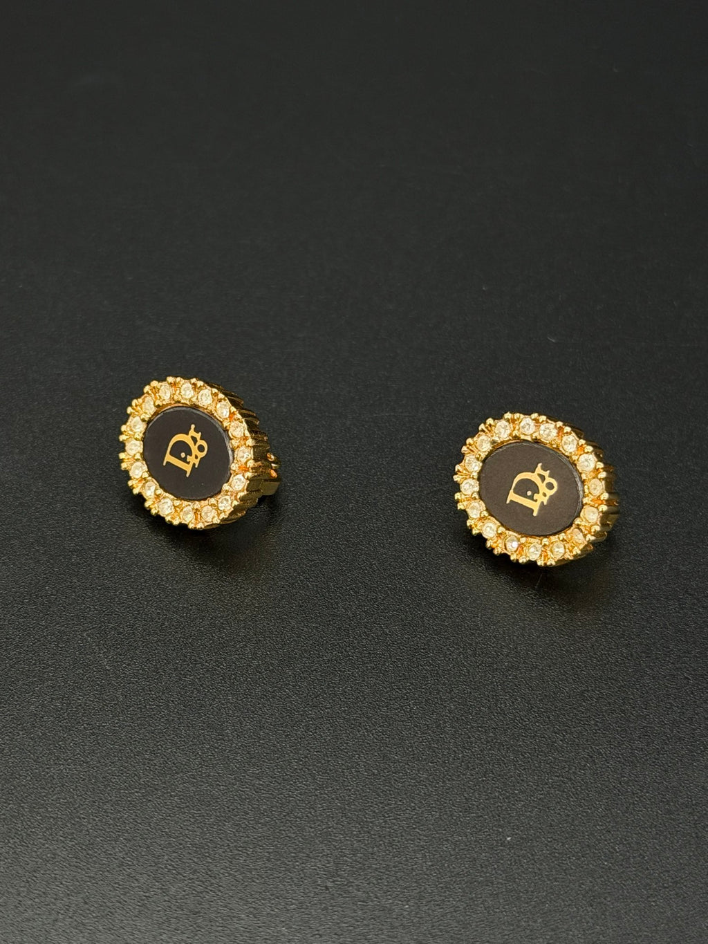 Christian Dior Vintage Black Oval Logo Rhinestone Clip-On Earrings