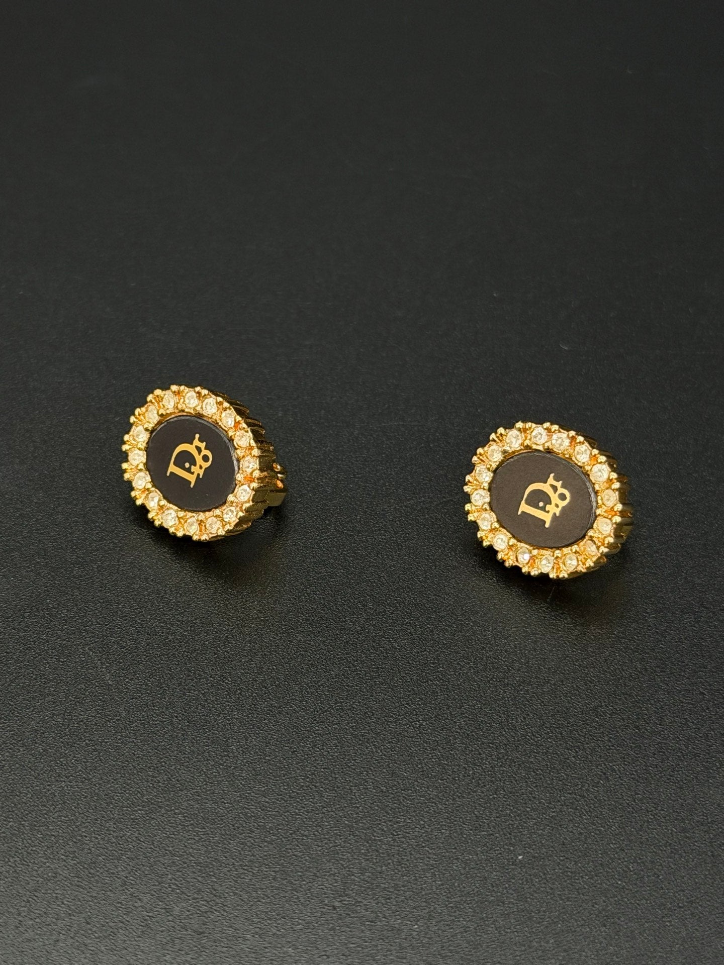 Christian Dior Vintage Black Oval Logo Rhinestone Clip-On Earrings