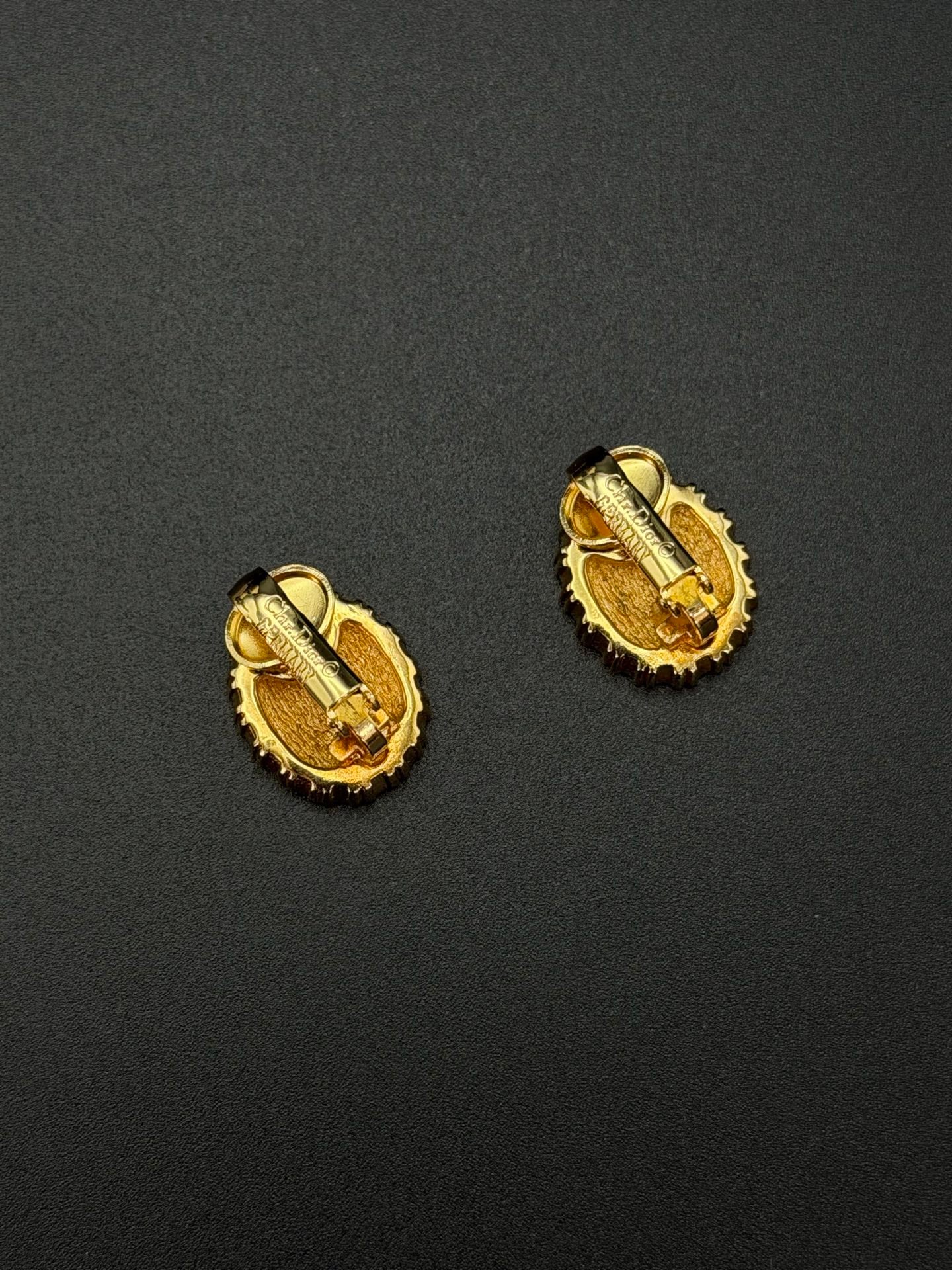Christian Dior Vintage Black Oval Logo Rhinestone Clip-On Earrings