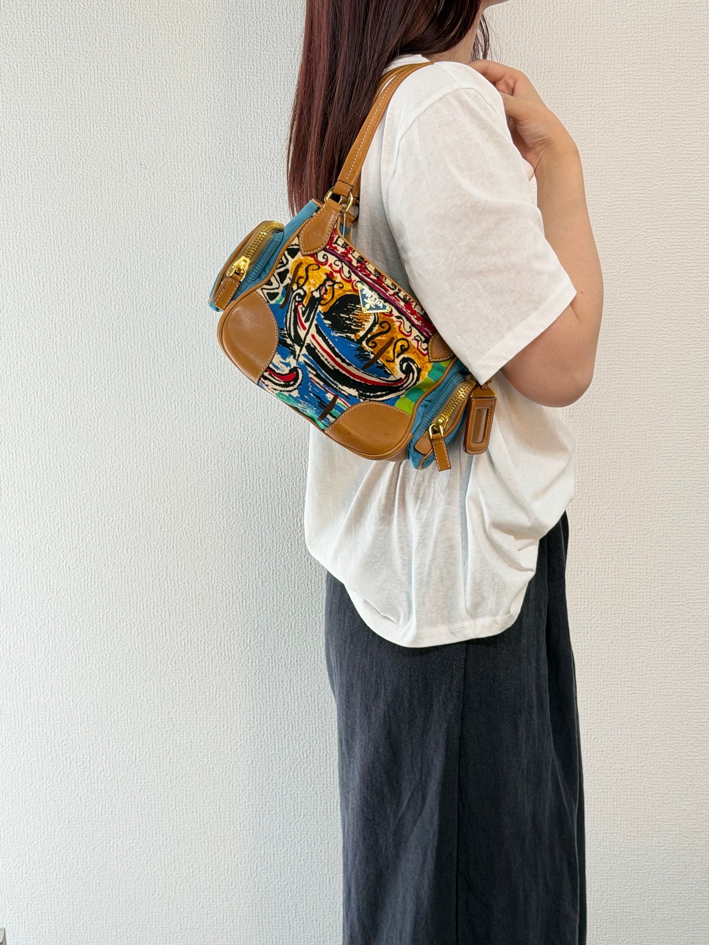 Prada Vintage Venice Print Canvas Shoulder Bag