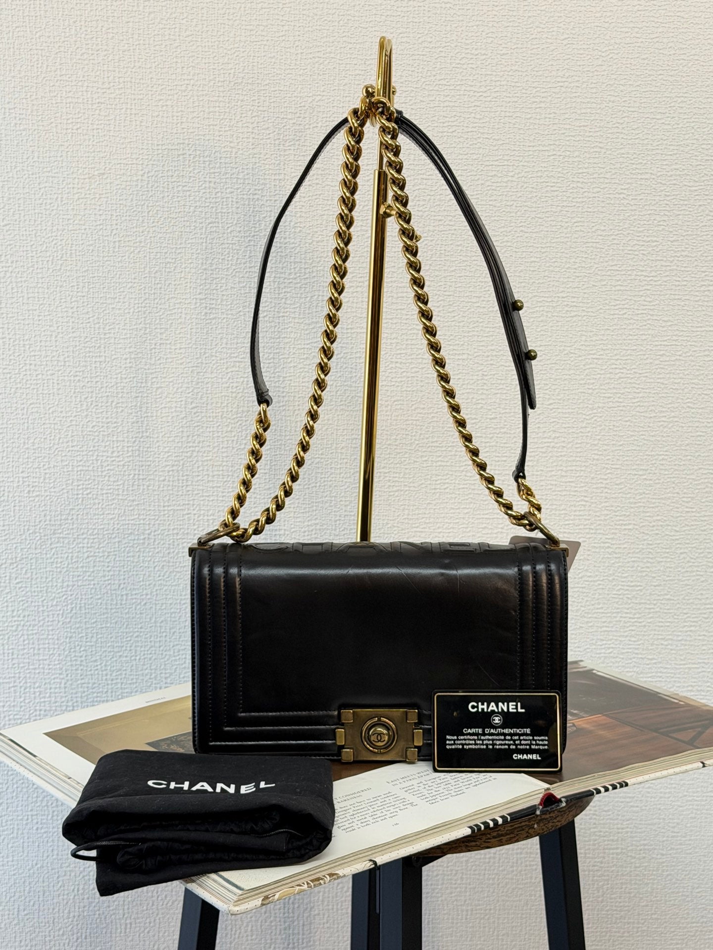 Chanel Medium Boy Bag with Top Embossed Logo Gold Hardware