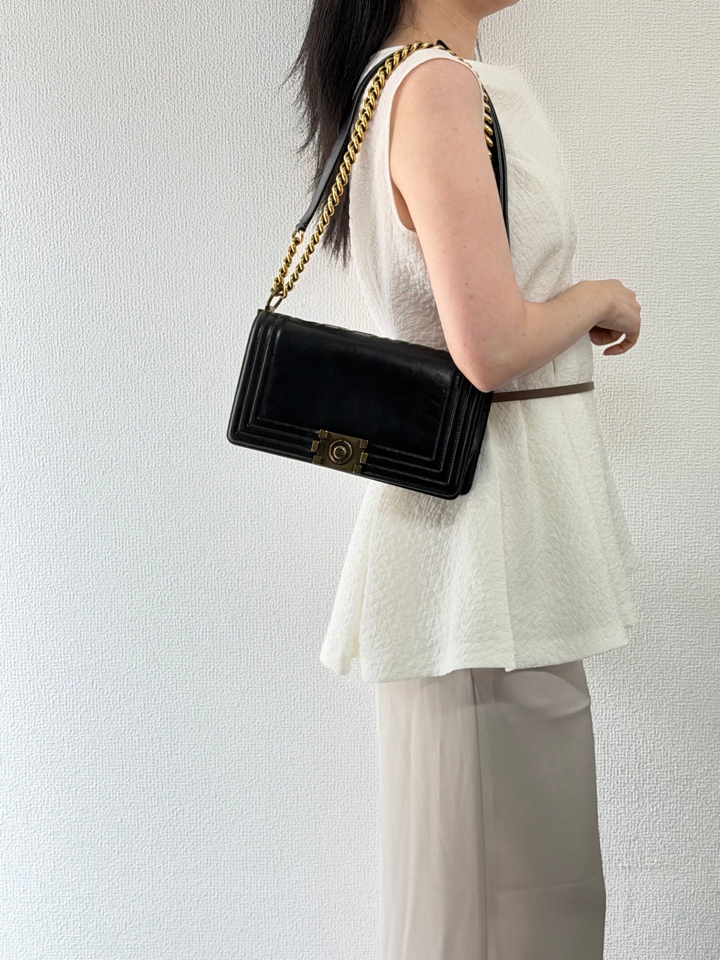 Chanel Medium Boy Bag with Top Embossed Logo Gold Hardware