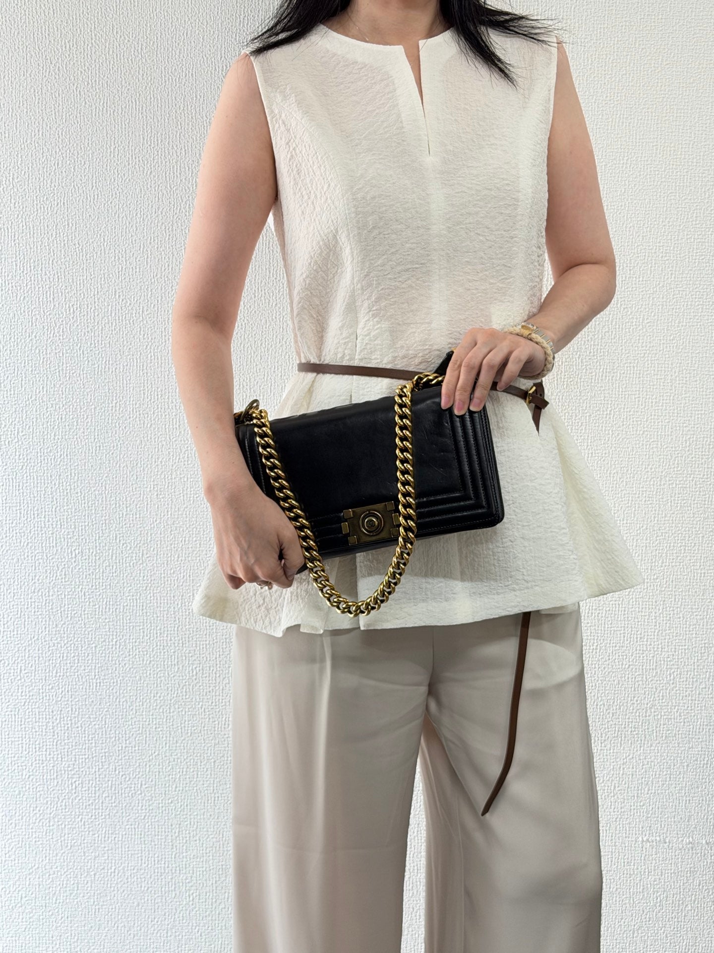 Chanel Medium Boy Bag with Top Embossed Logo Gold Hardware
