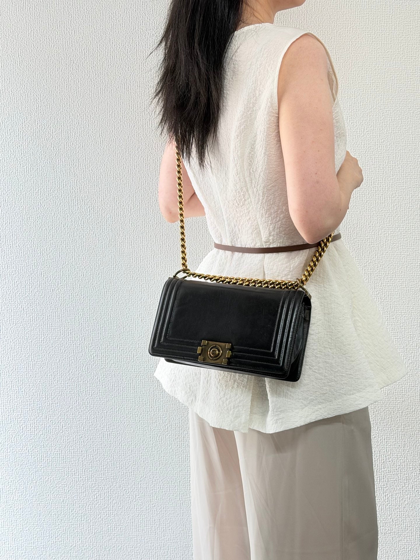 Chanel Medium Boy Bag with Top Embossed Logo Gold Hardware