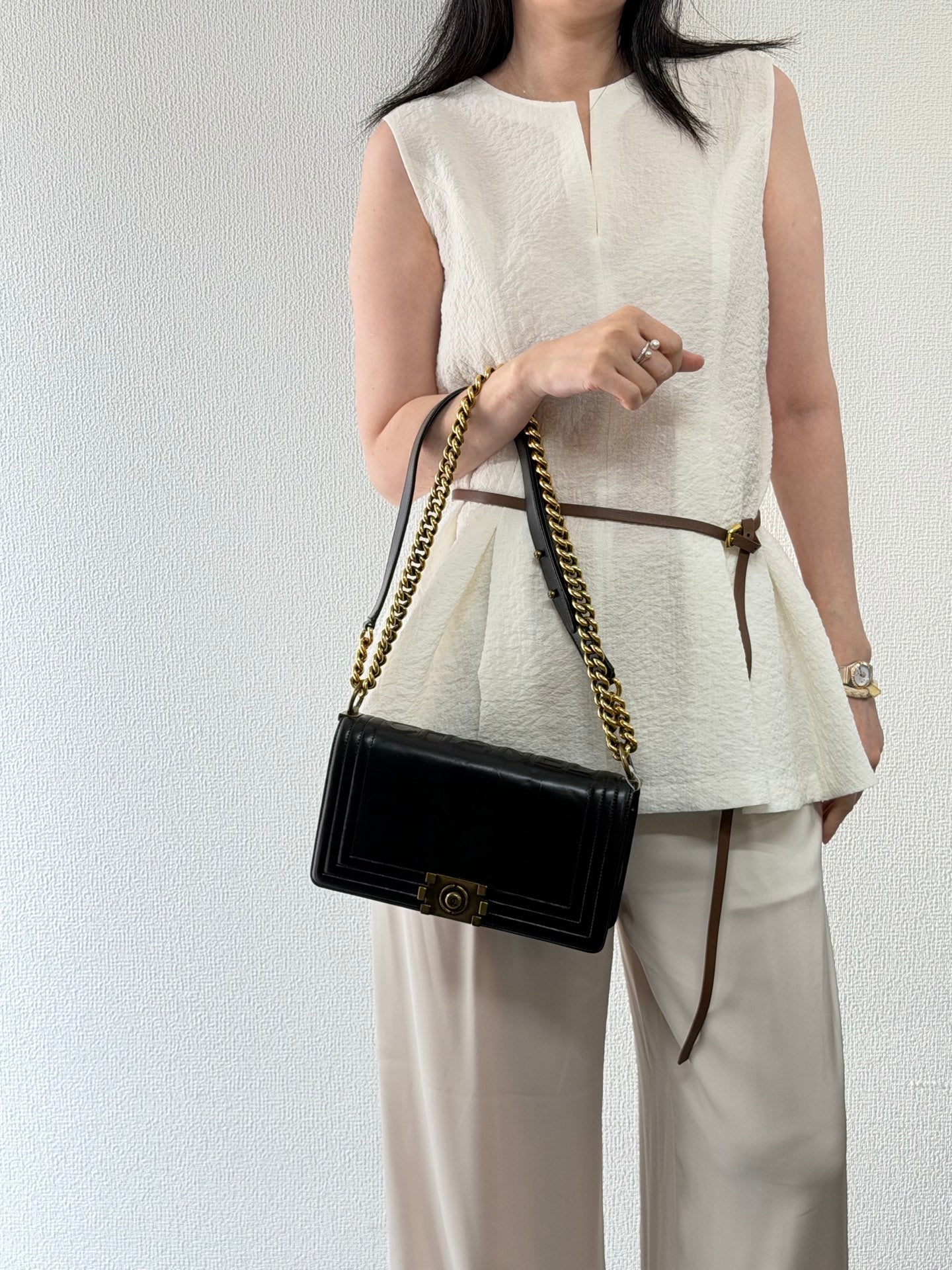 Chanel Medium Boy Bag with Top Embossed Logo Gold Hardware