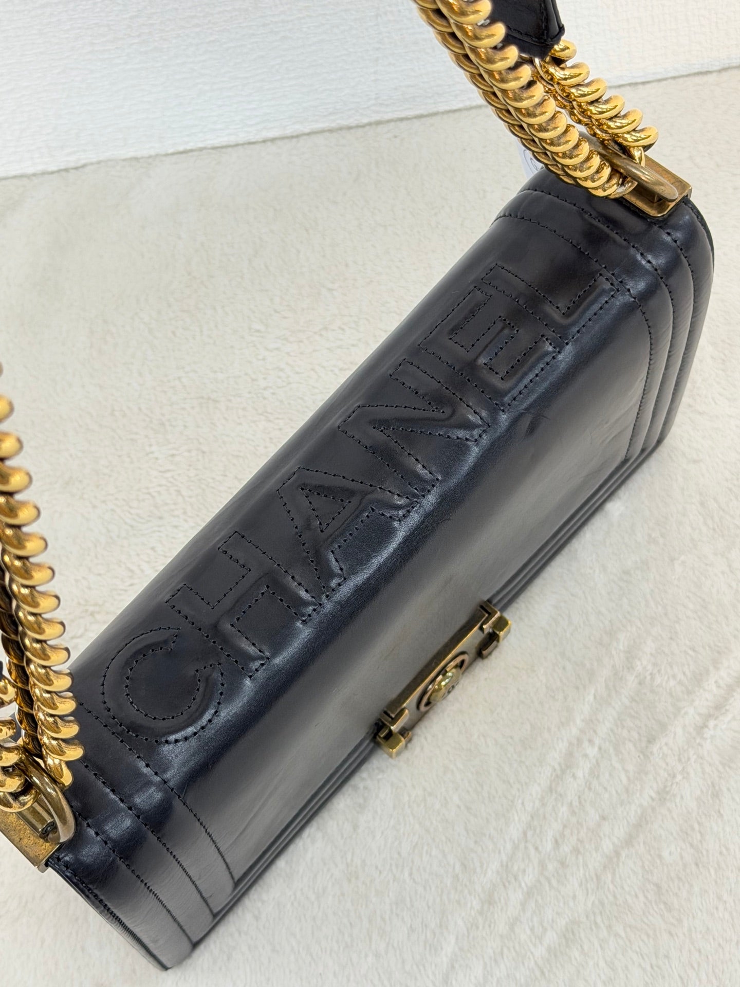 Chanel Medium Boy Bag with Top Embossed Logo Gold Hardware