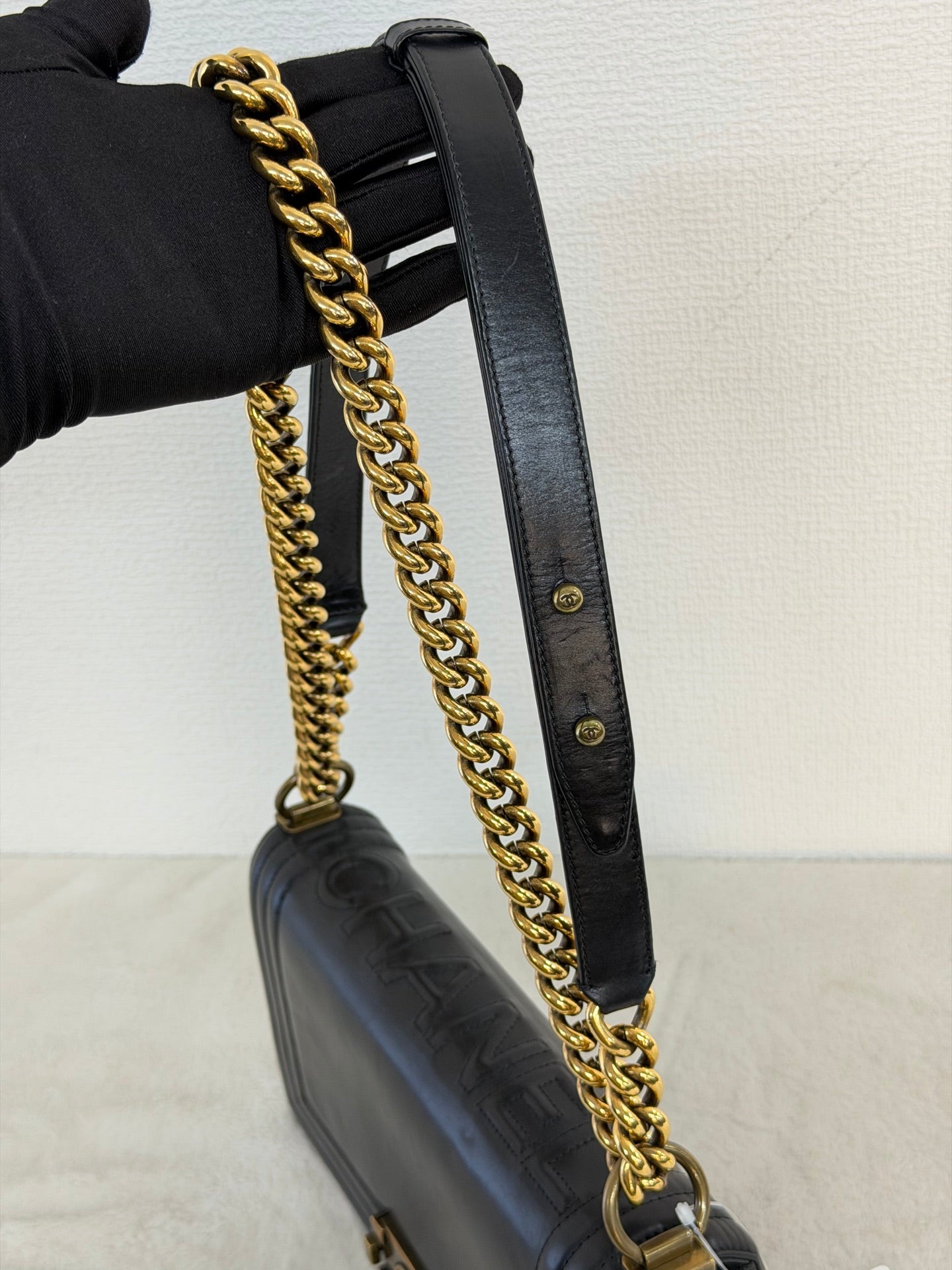 Chanel Medium Boy Bag with Top Embossed Logo Gold Hardware